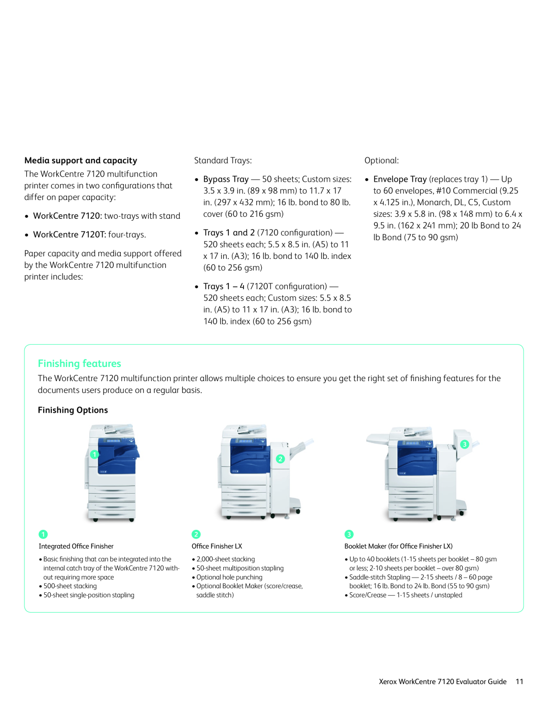Xerox 7120 manual Finishing features, Media support and capacity, Finishing Options 