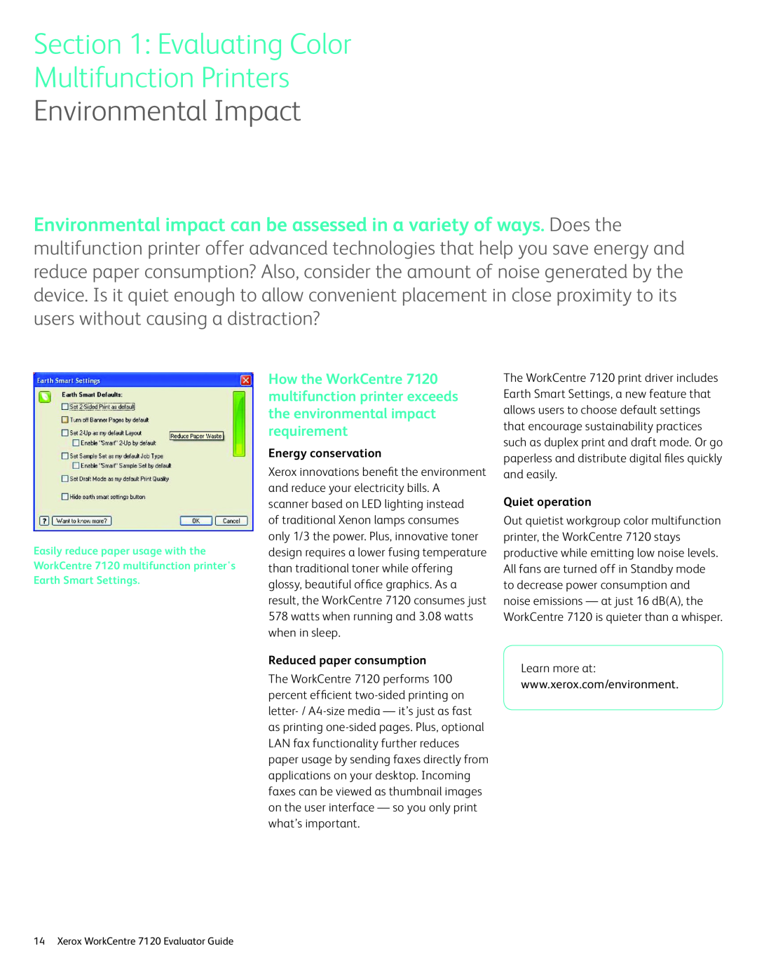 Xerox 7120 manual Environmental Impact, Energy conservation, Quiet operation, Reduced paper consumption 