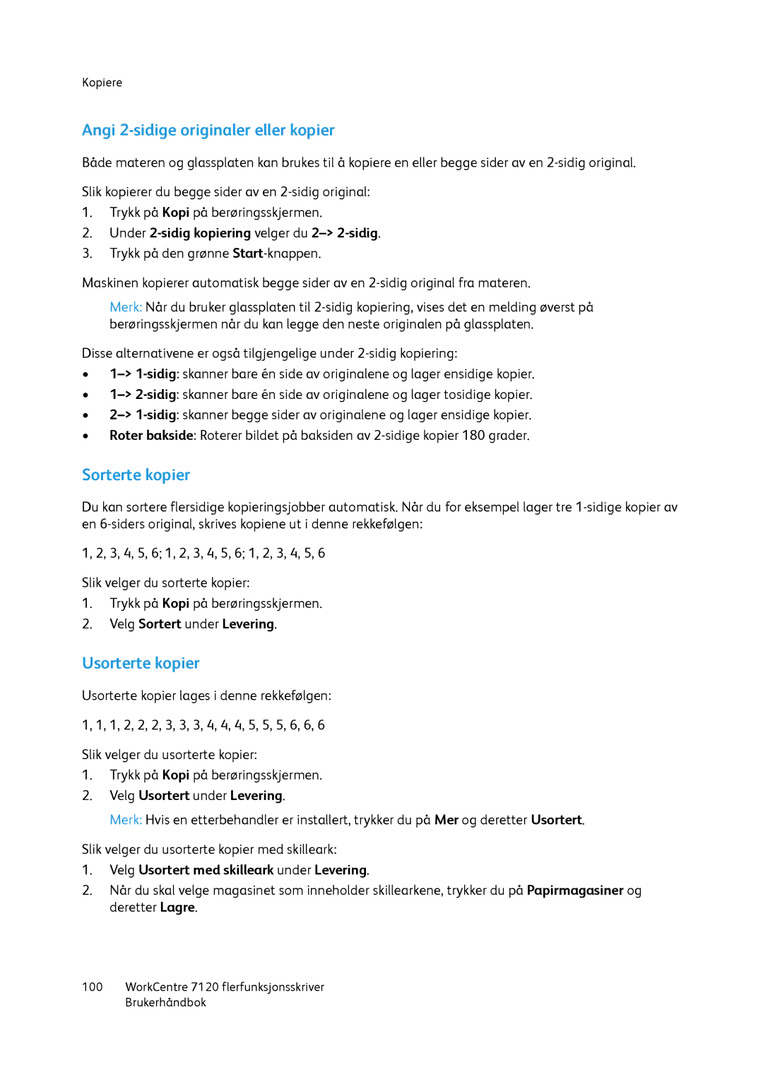 Xerox 7120 manual Angi 2-sidige originaler eller kopier, Sorterte kopier, Usorterte kopier 