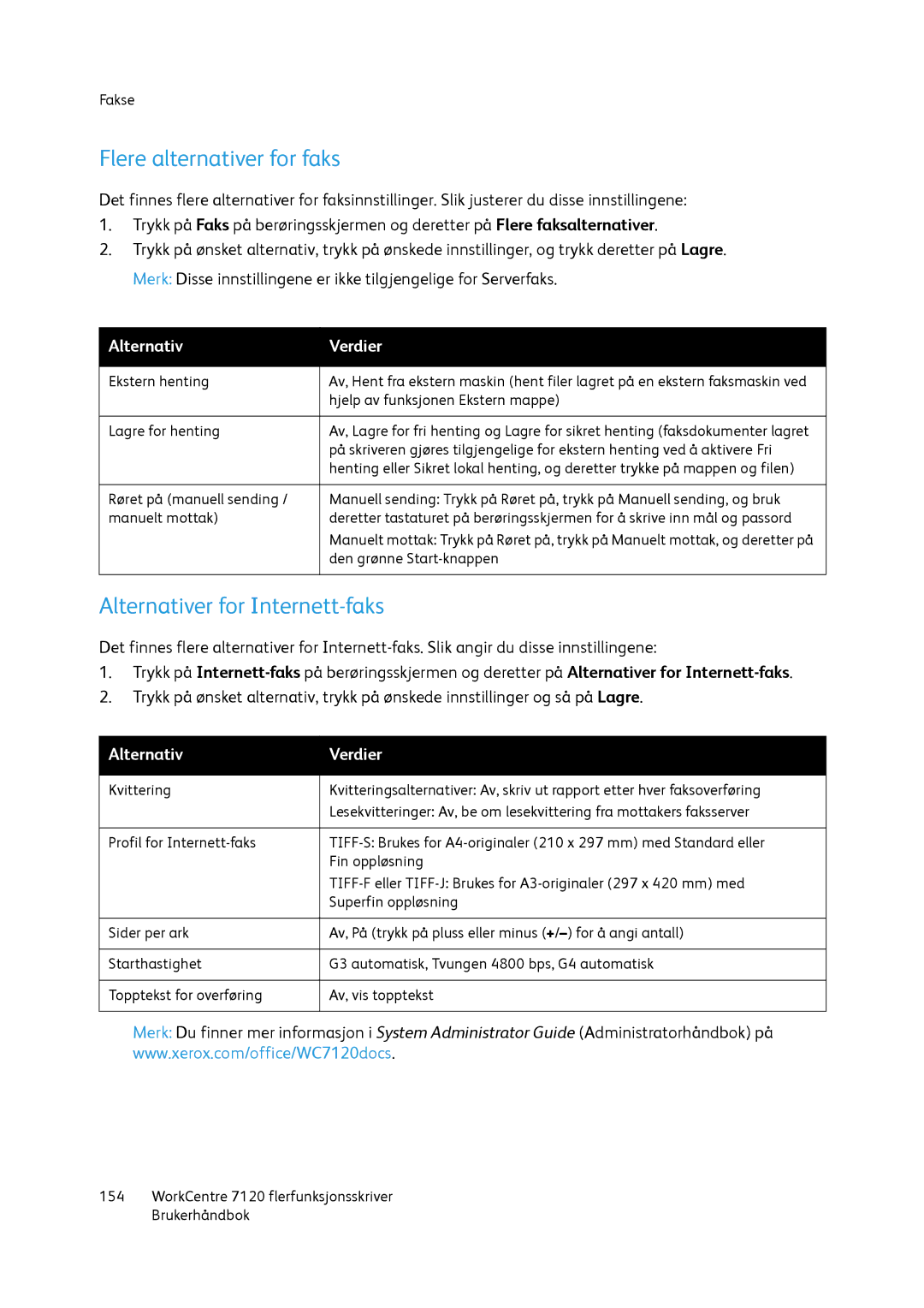 Xerox 7120 manual Flere alternativer for faks, Alternativer for Internett-faks 