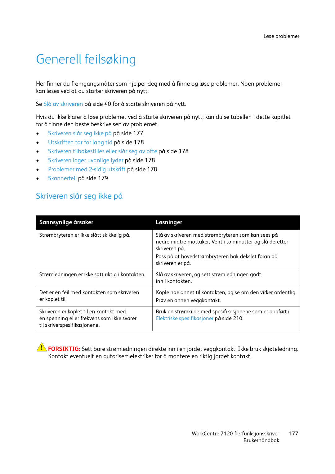 Xerox 7120 manual Generell feilsøking, Skriveren slår seg ikke på 