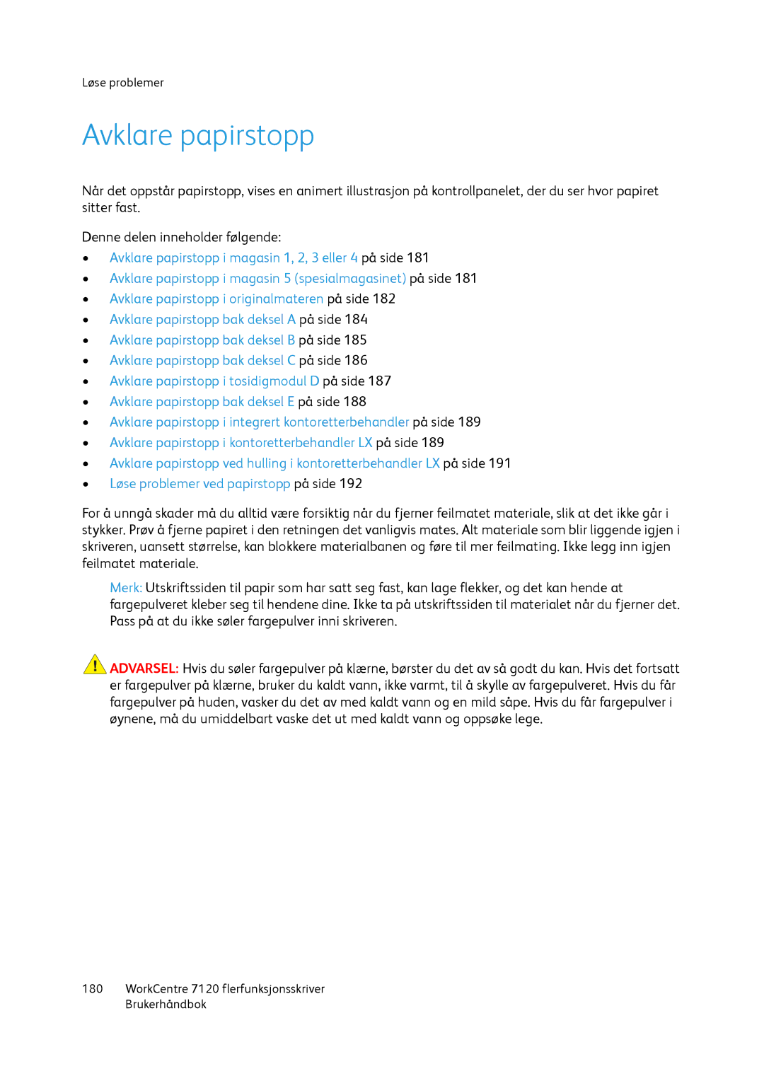 Xerox 7120 manual Avklare papirstopp 