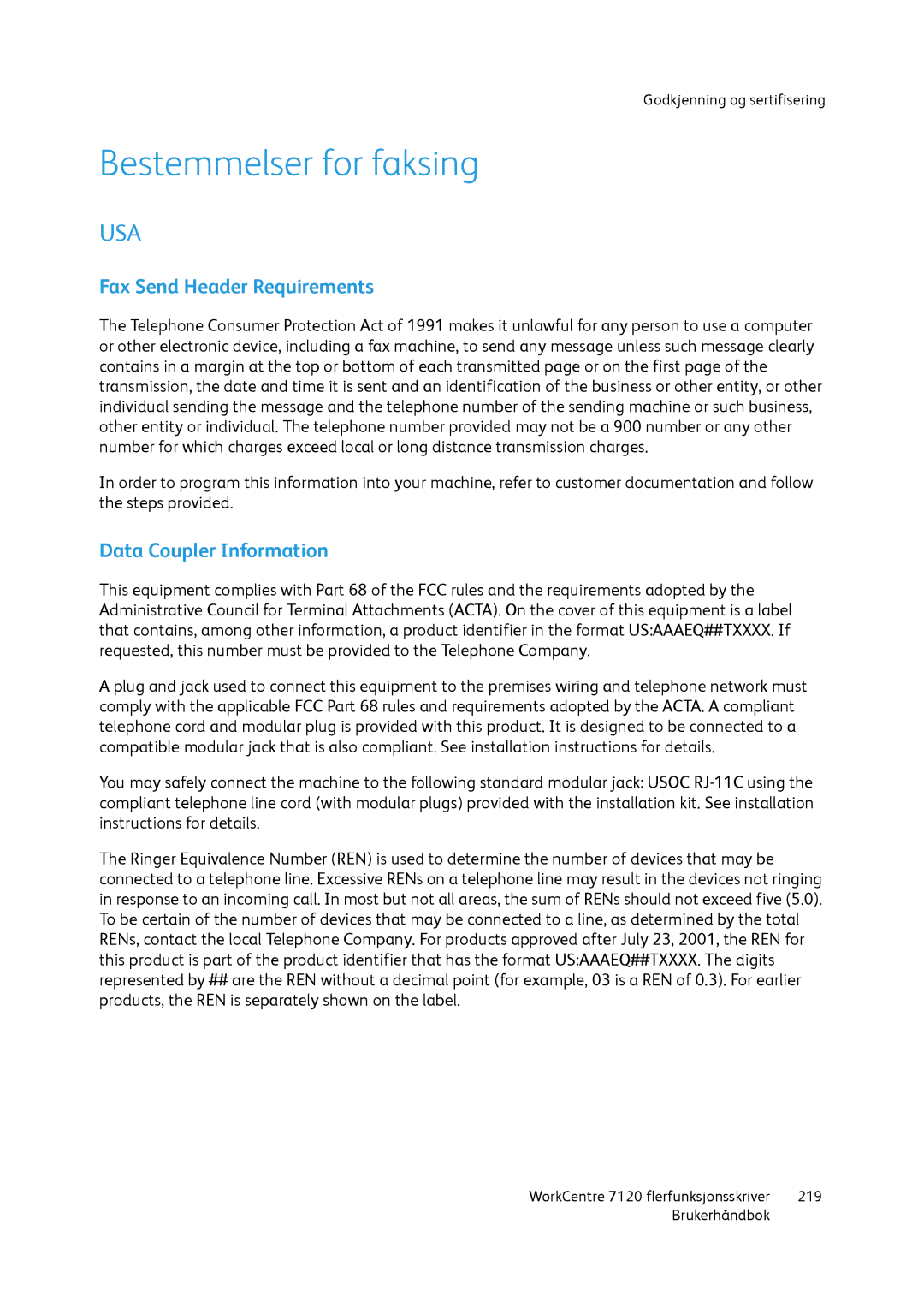 Xerox 7120 manual Bestemmelser for faksing, Fax Send Header Requirements, Data Coupler Information 