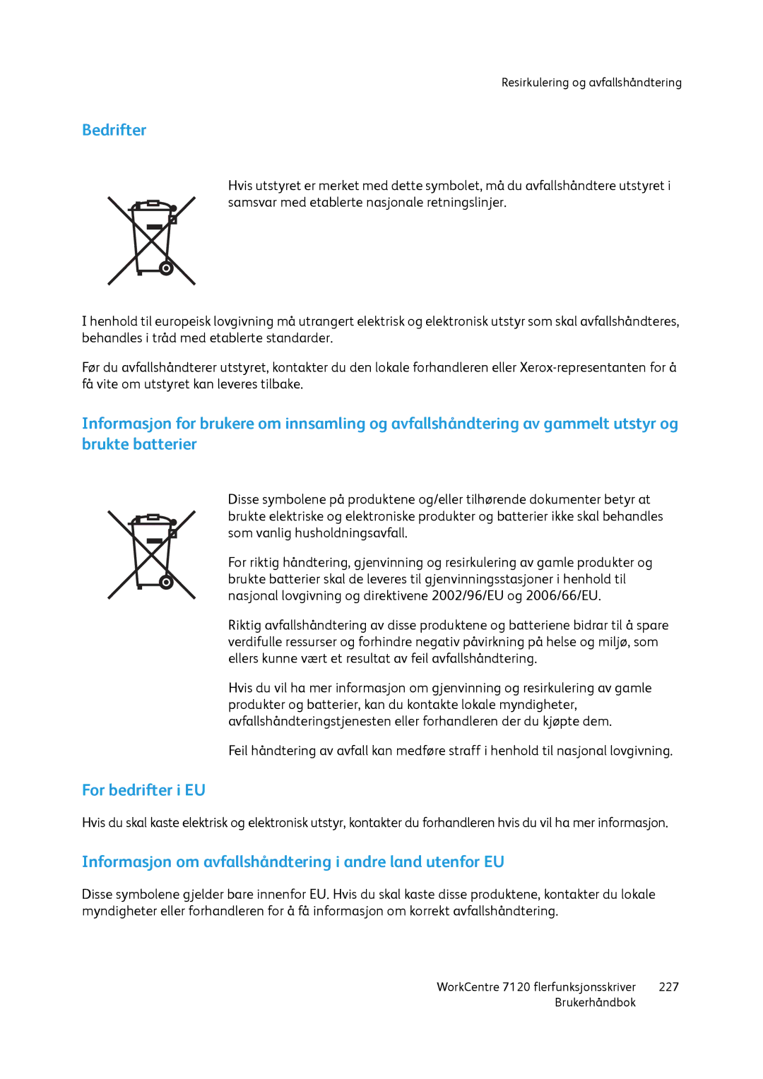 Xerox 7120 manual Bedrifter, For bedrifter i EU, Informasjon om avfallshåndtering i andre land utenfor EU 