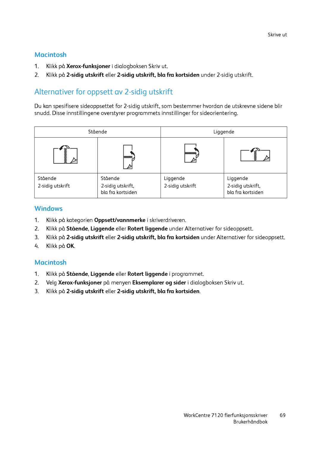 Xerox 7120 manual Alternativer for oppsett av 2-sidig utskrift, Macintosh 