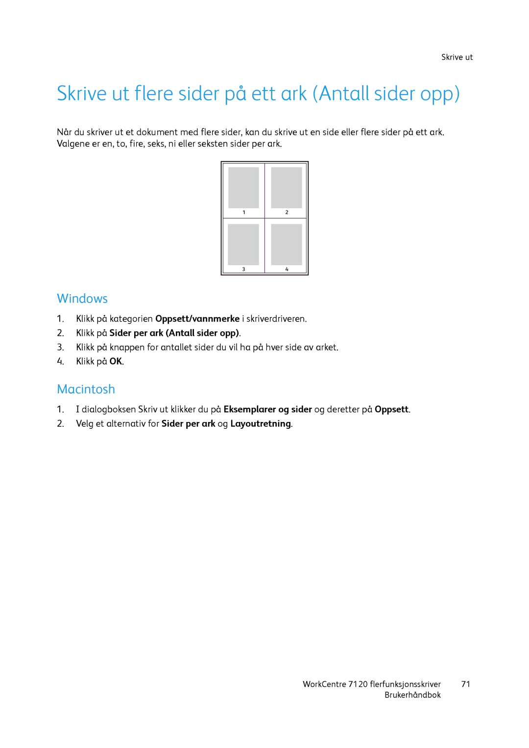 Xerox 7120 manual Skrive ut flere sider på ett ark Antall sider opp, Klikk på Sider per ark Antall sider opp 