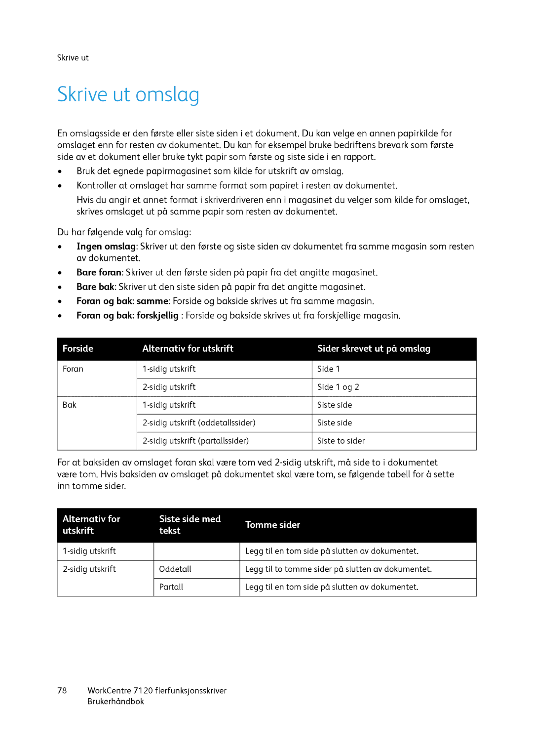 Xerox 7120 manual Skrive ut omslag, Forside Alternativ for utskrift Sider skrevet ut på omslag 