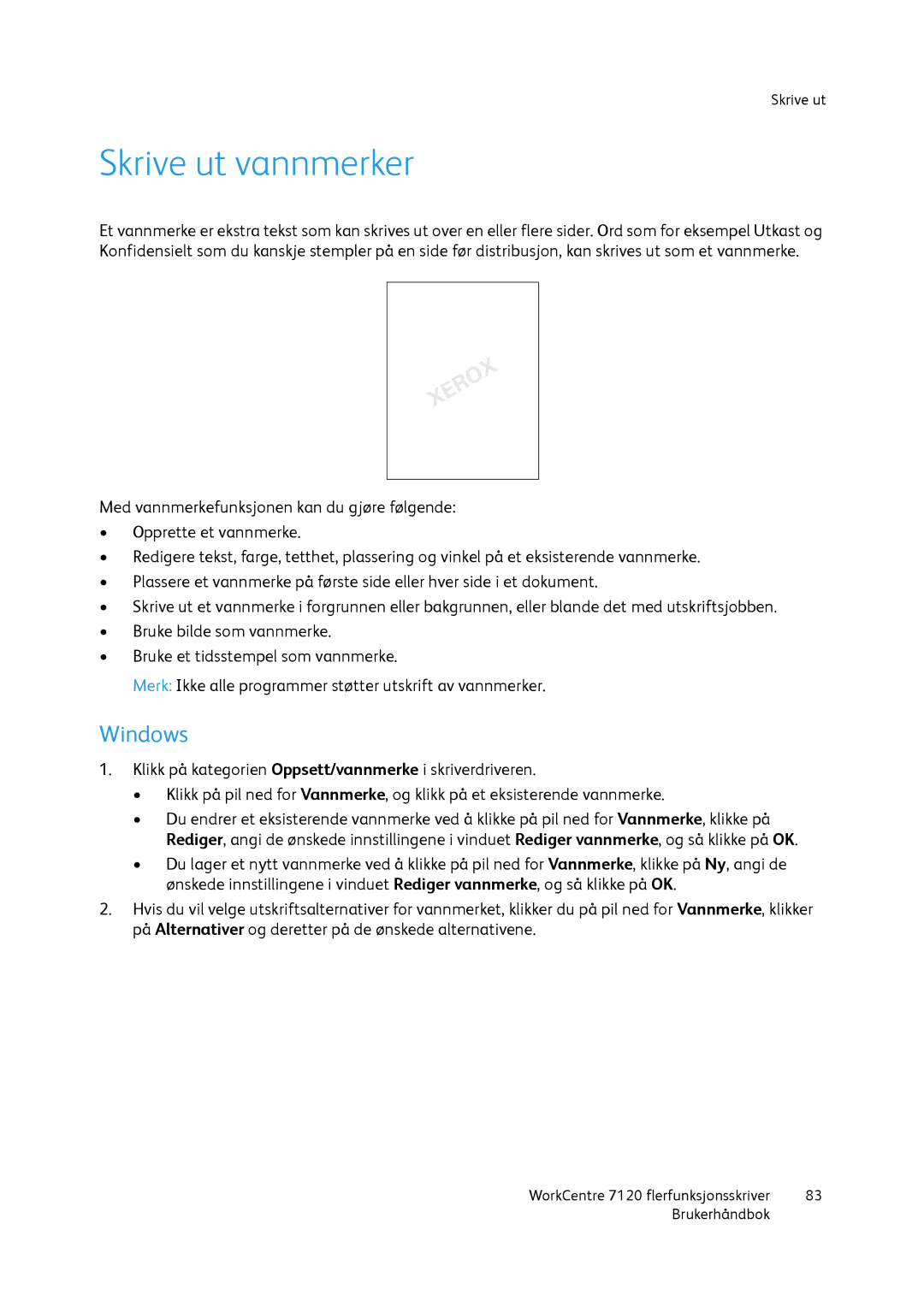 Xerox 7120 manual Skrive ut vannmerker 