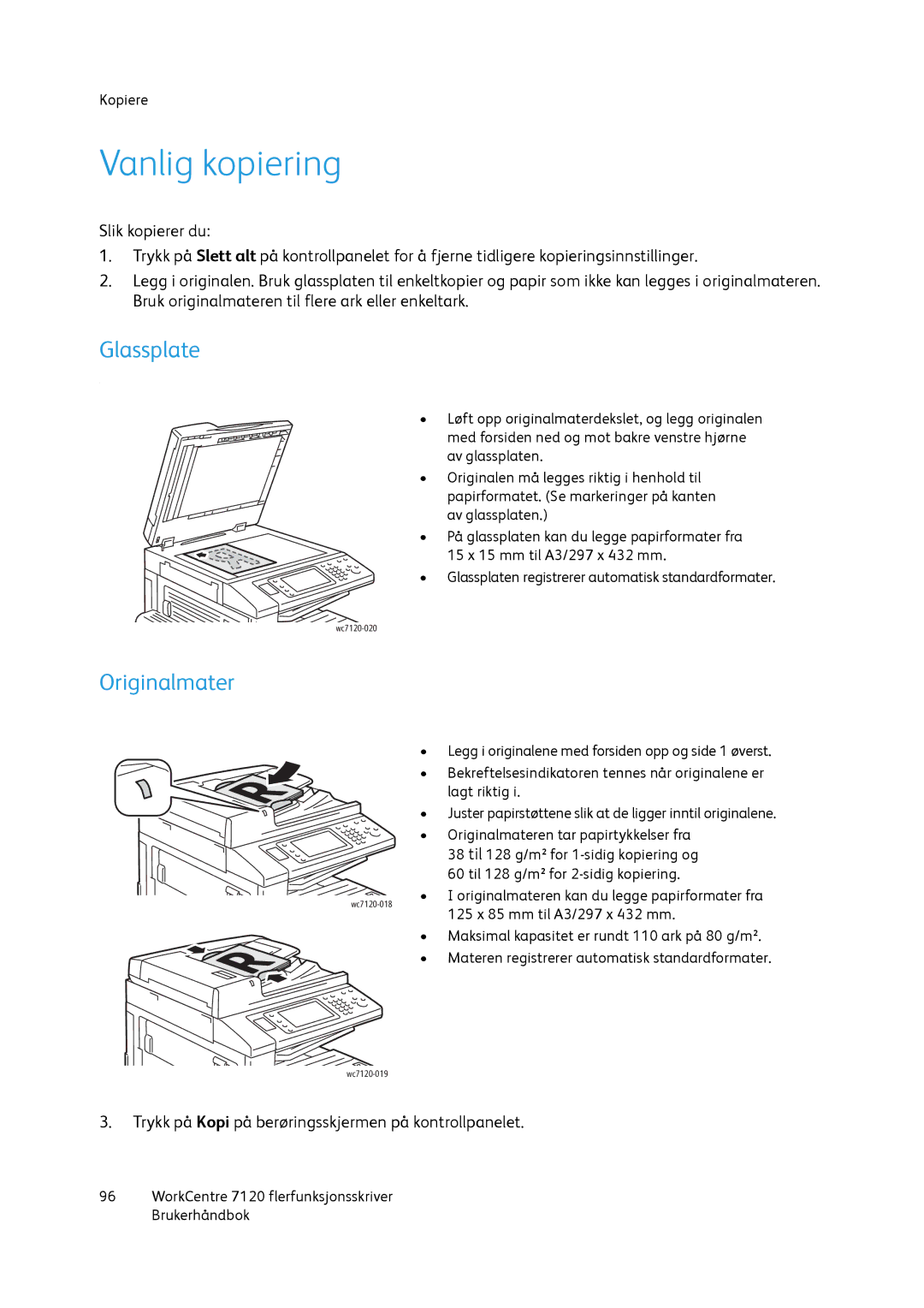 Xerox 7120 manual Vanlig kopiering, Glassplate 