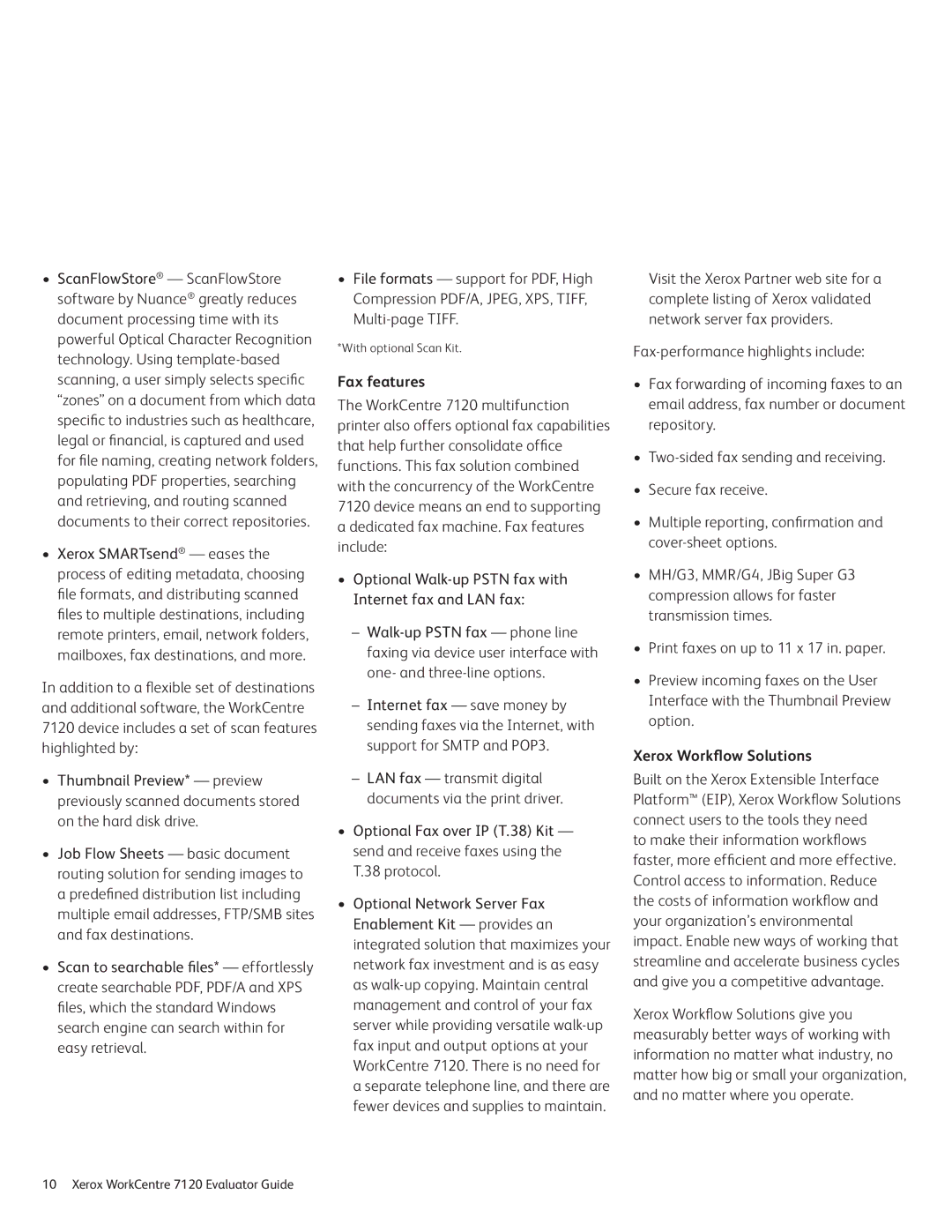 Xerox 7120 manual Fax features, Xerox Workflow Solutions 