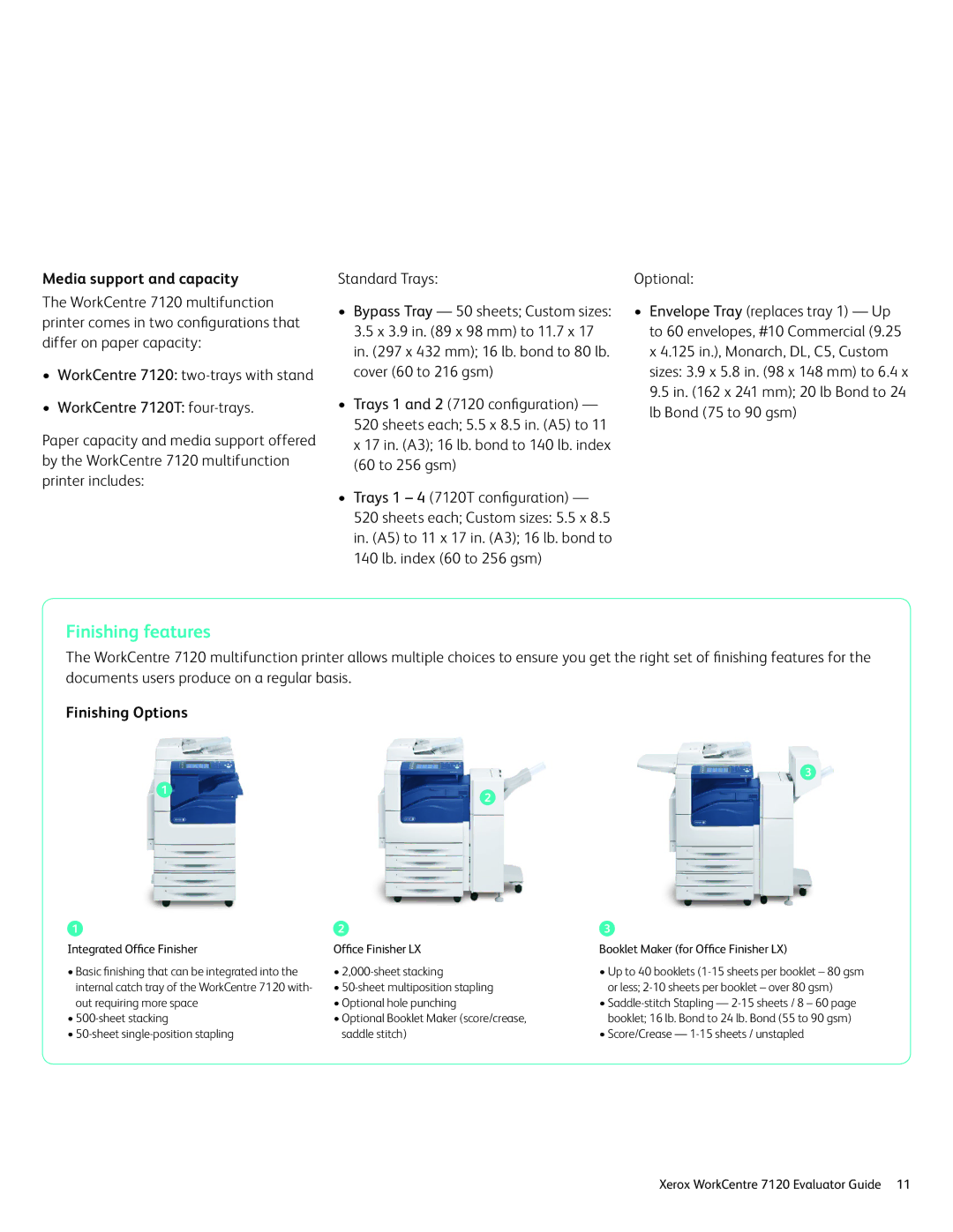 Xerox 7120 manual Finishing features, Media support and capacity, Finishing Options 