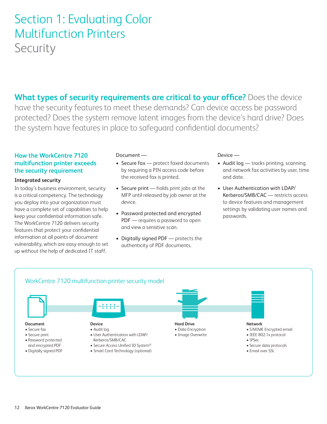 Xerox 7120 manual Security, Integrated security, Document 