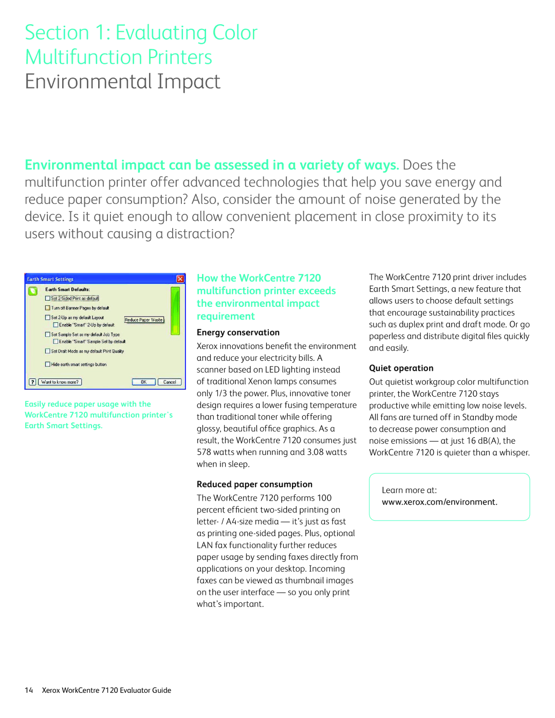 Xerox 7120 manual Environmental Impact, Energy conservation, Quiet operation, Reduced paper consumption 