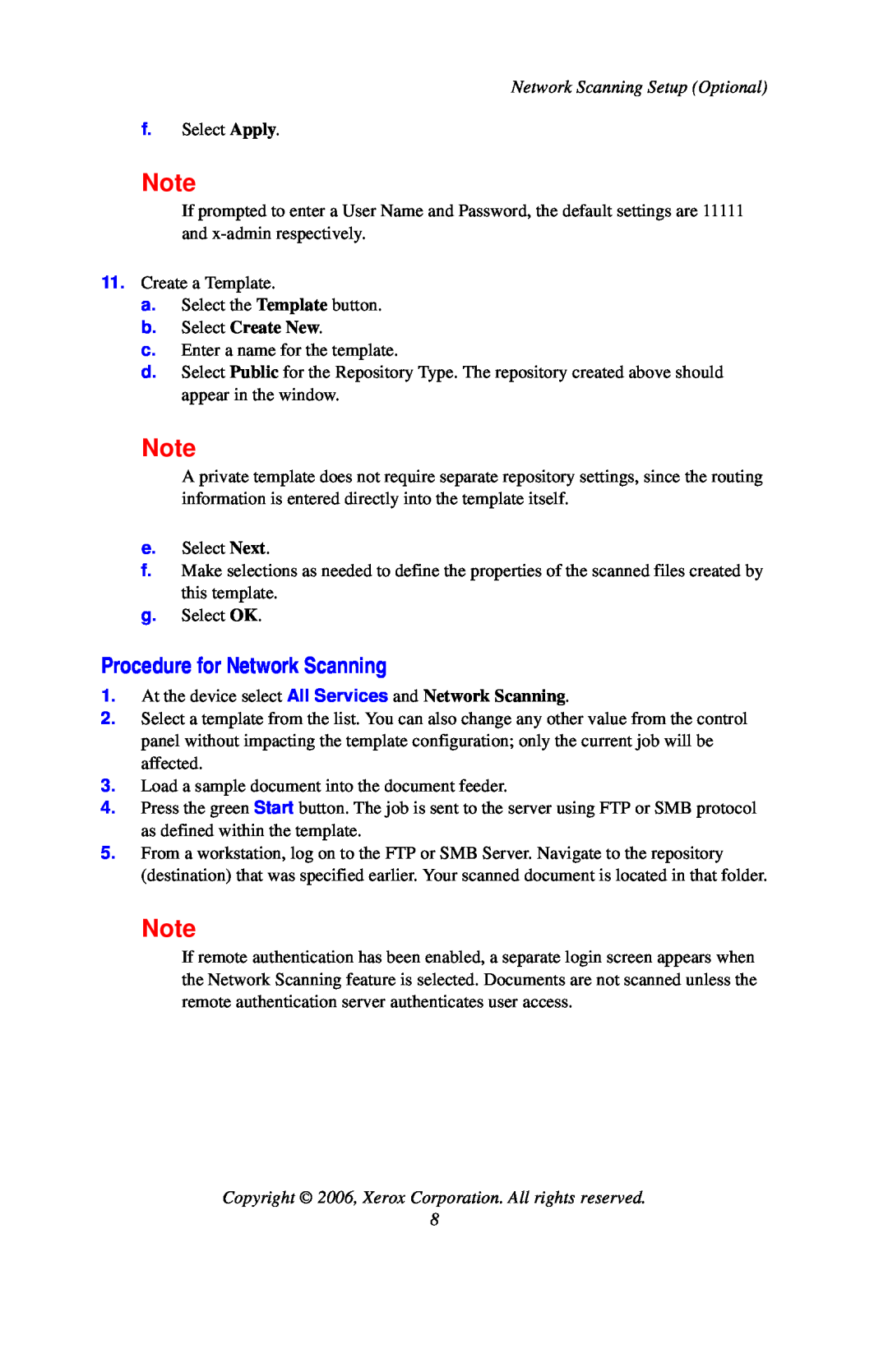Xerox 7132 setup guide Procedure for Network Scanning, b.Select Create New, Network Scanning Setup Optional 
