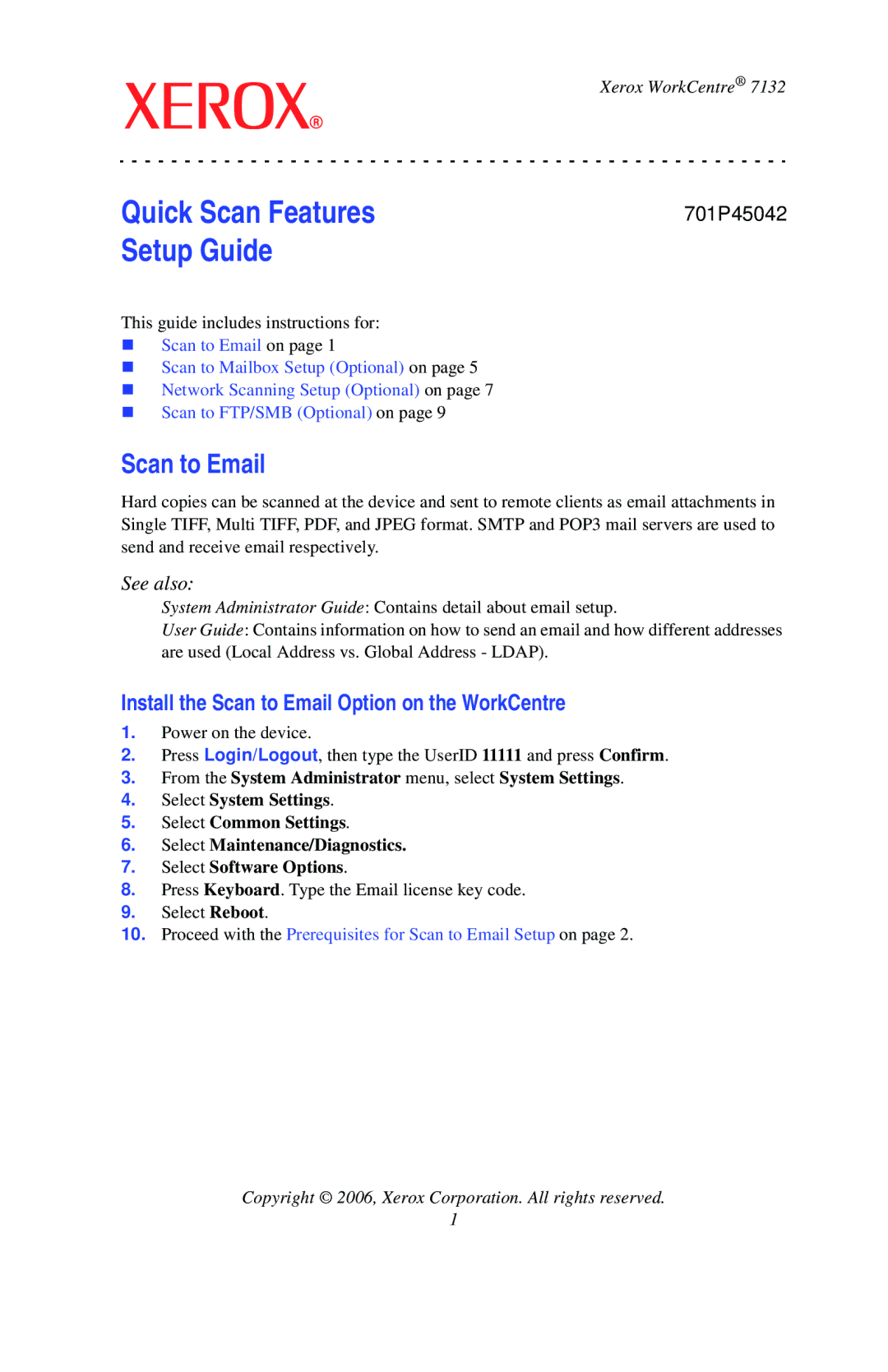 Xerox 7132 setup guide Quick Scan Features Setup Guide, Install the Scan to Email Option on the WorkCentre 