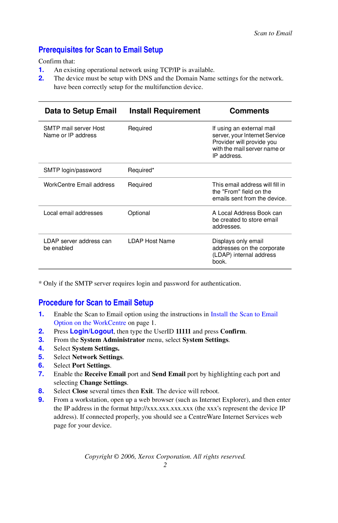 Xerox 7132 setup guide Prerequisites for Scan to Email Setup, Procedure for Scan to Email Setup 