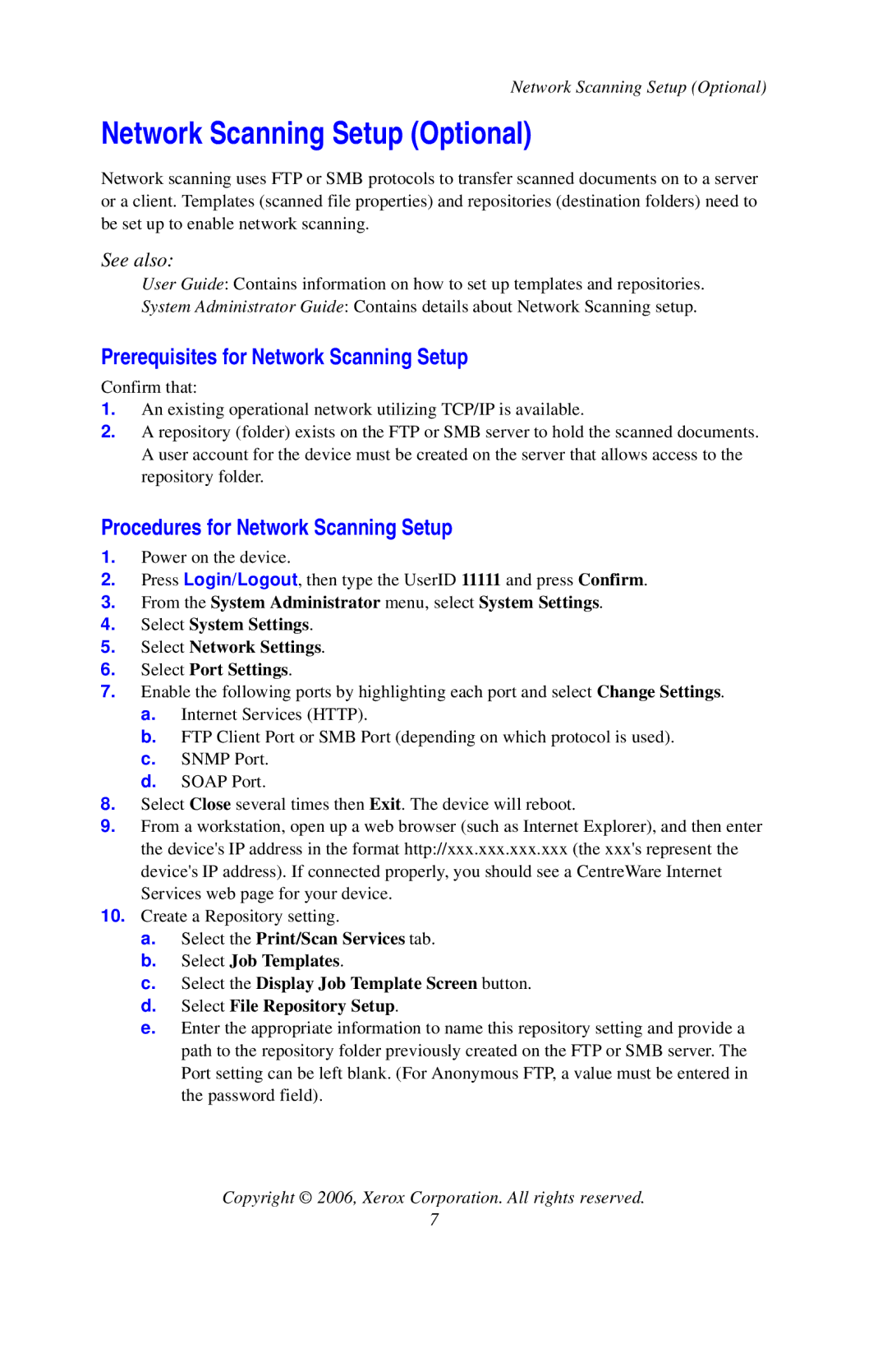 Xerox 7132 setup guide Network Scanning Setup Optional, Prerequisites for Network Scanning Setup 