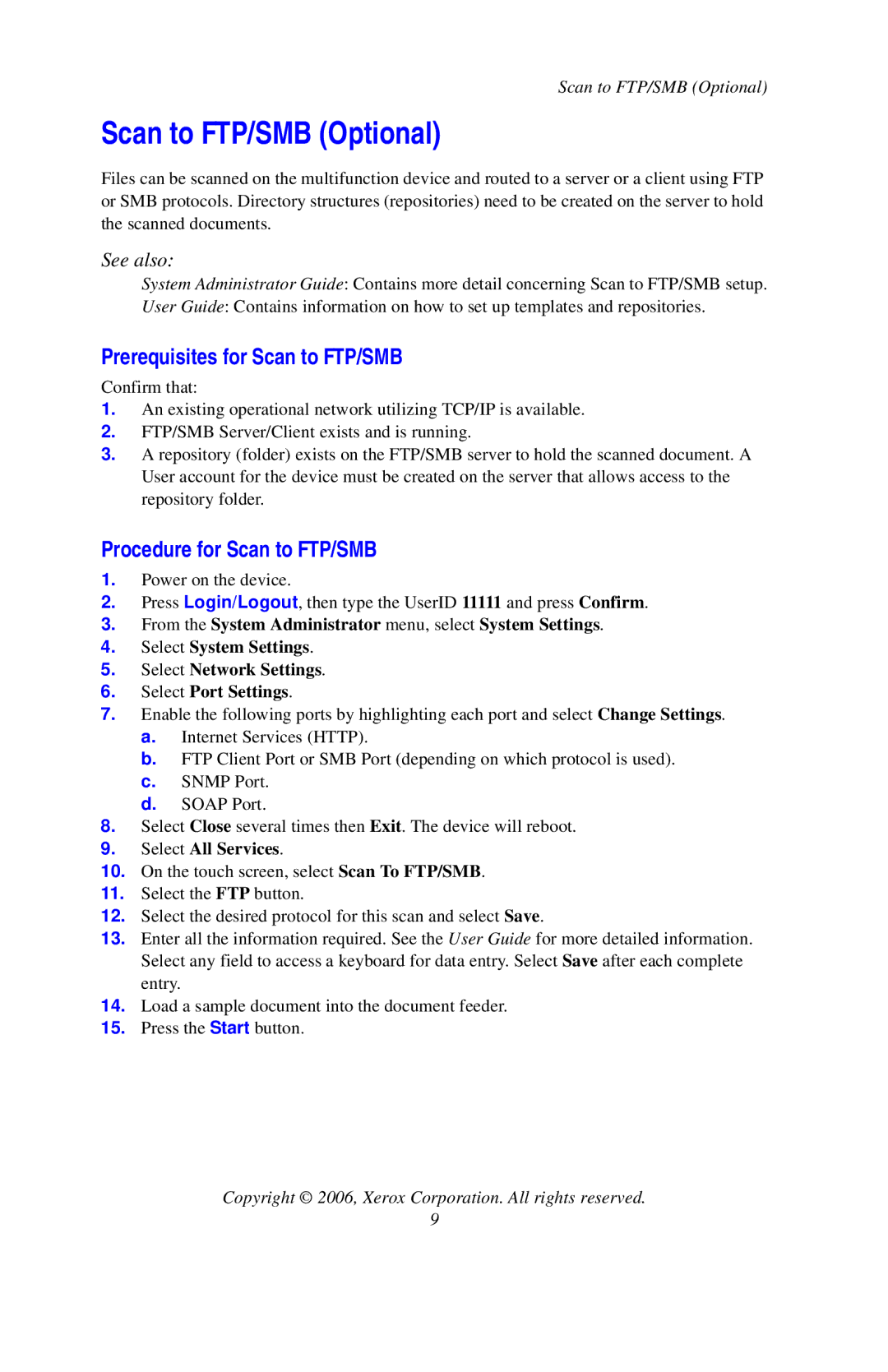 Xerox 7132 Scan to FTP/SMB Optional, Prerequisites for Scan to FTP/SMB, Procedure for Scan to FTP/SMB, Select All Services 