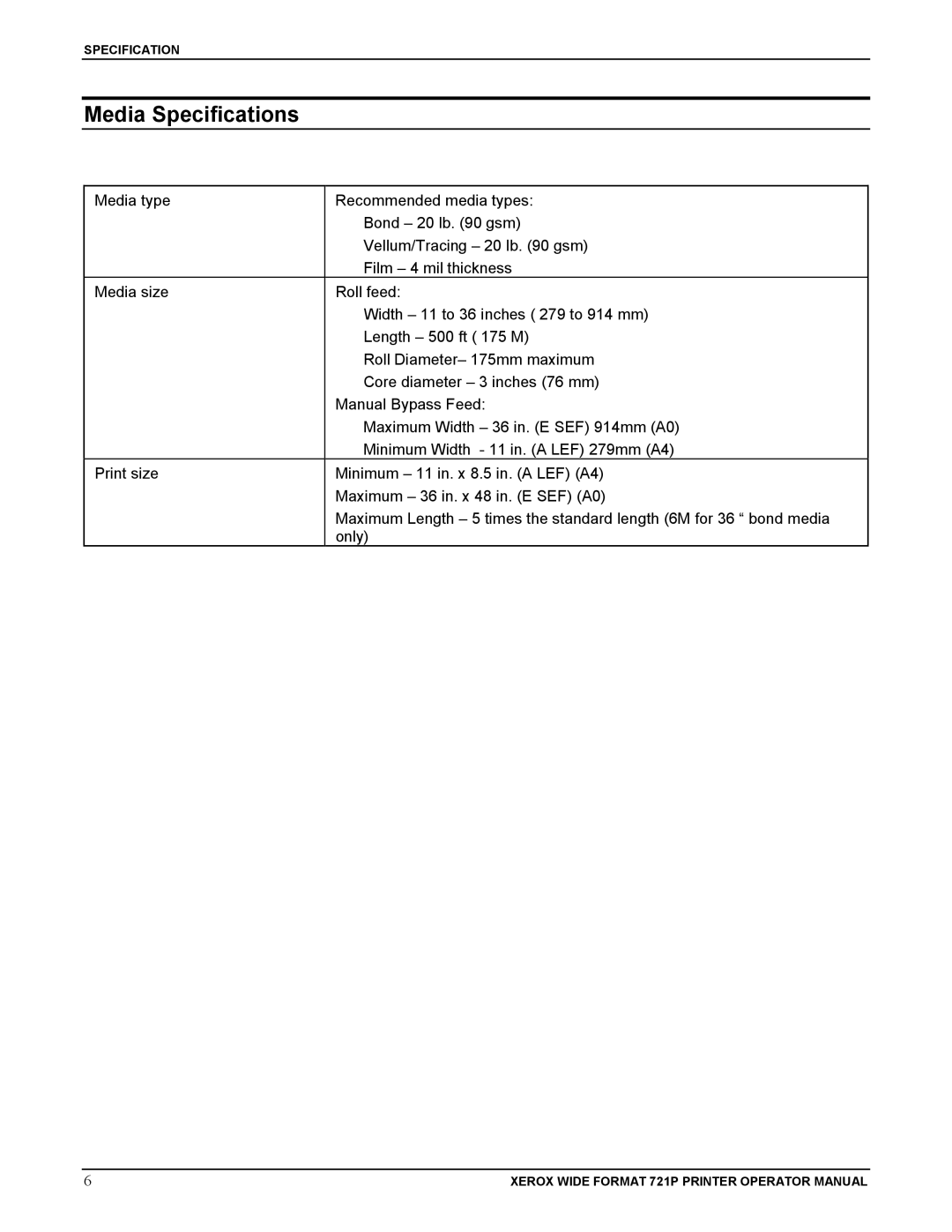 Xerox 721P manual Media Specifications 