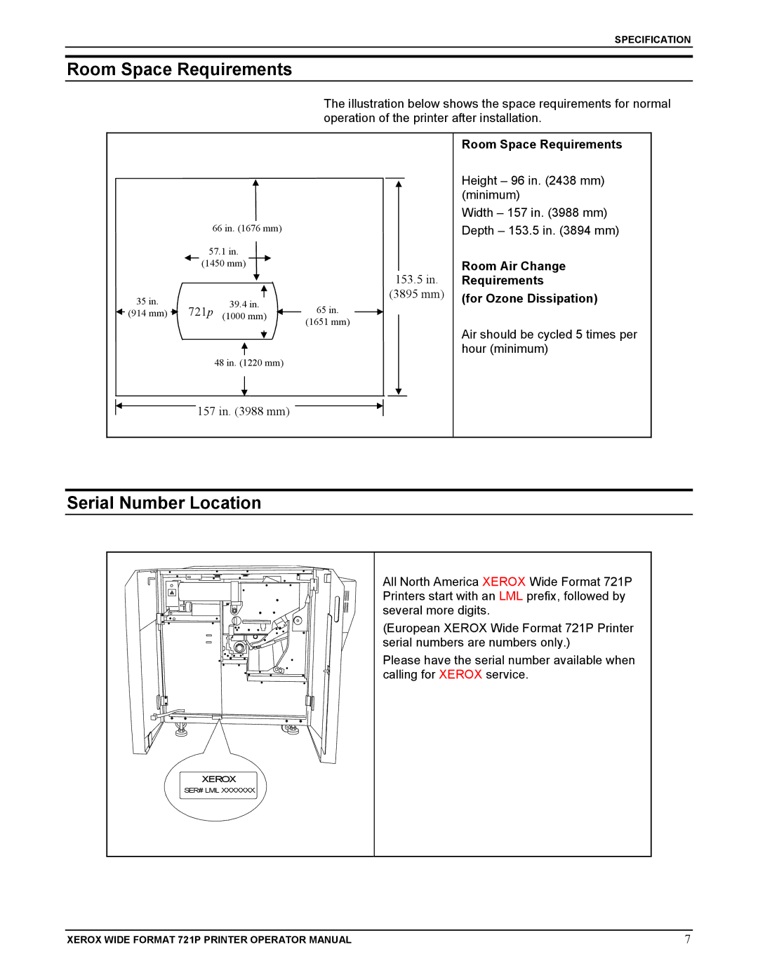 Xerox 721P manual Room Space Requirements, Serial Number Location, Room Air Change Requirements For Ozone Dissipation 