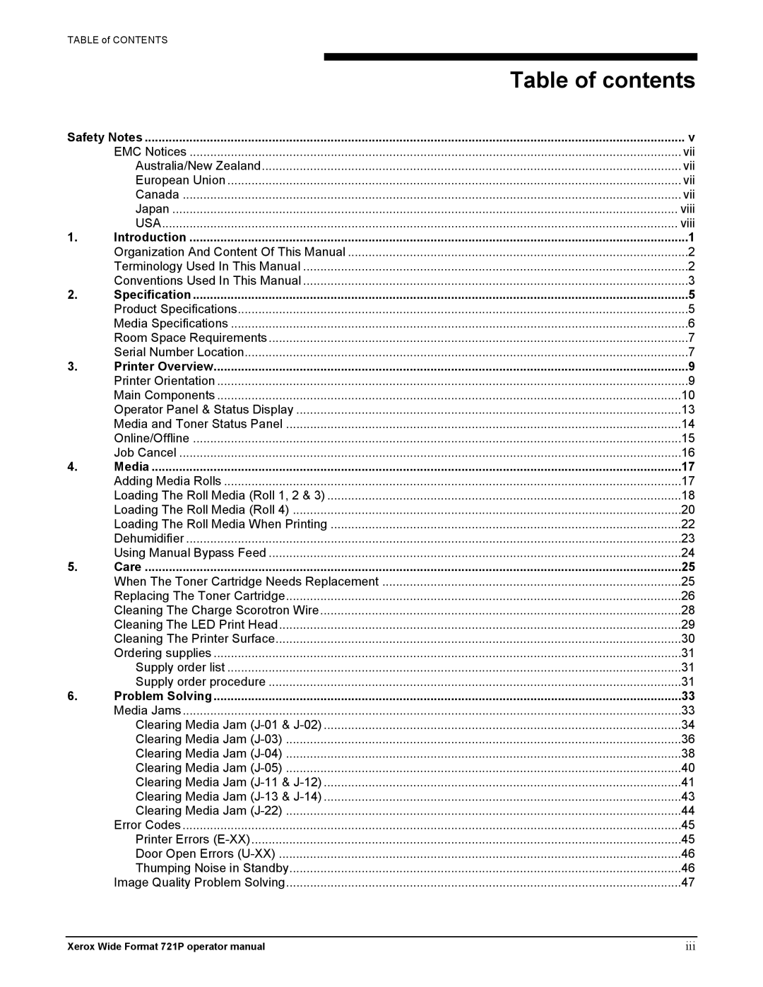 Xerox 721P manual Table of contents 