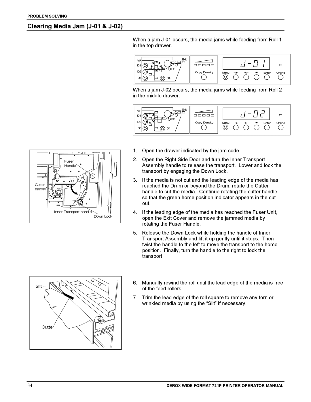 Xerox 721P manual Clearing Media Jam J-01 & J-02 