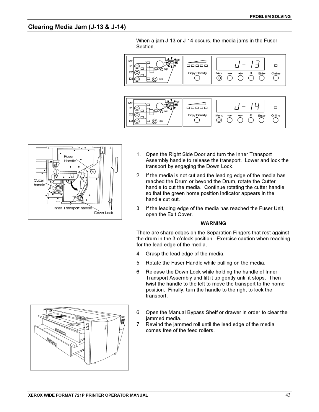 Xerox 721P manual Clearing Media Jam J-13 & J-14 