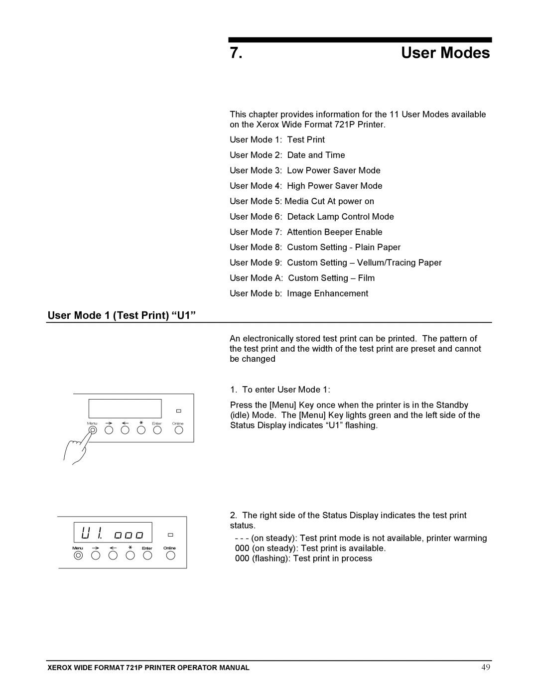 Xerox 721P manual User Modes, User Mode 1 Test Print U1 