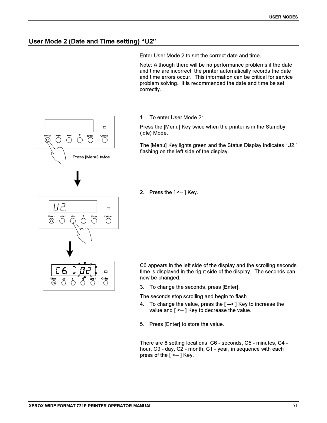 Xerox 721P manual User Mode 2 Date and Time setting U2 
