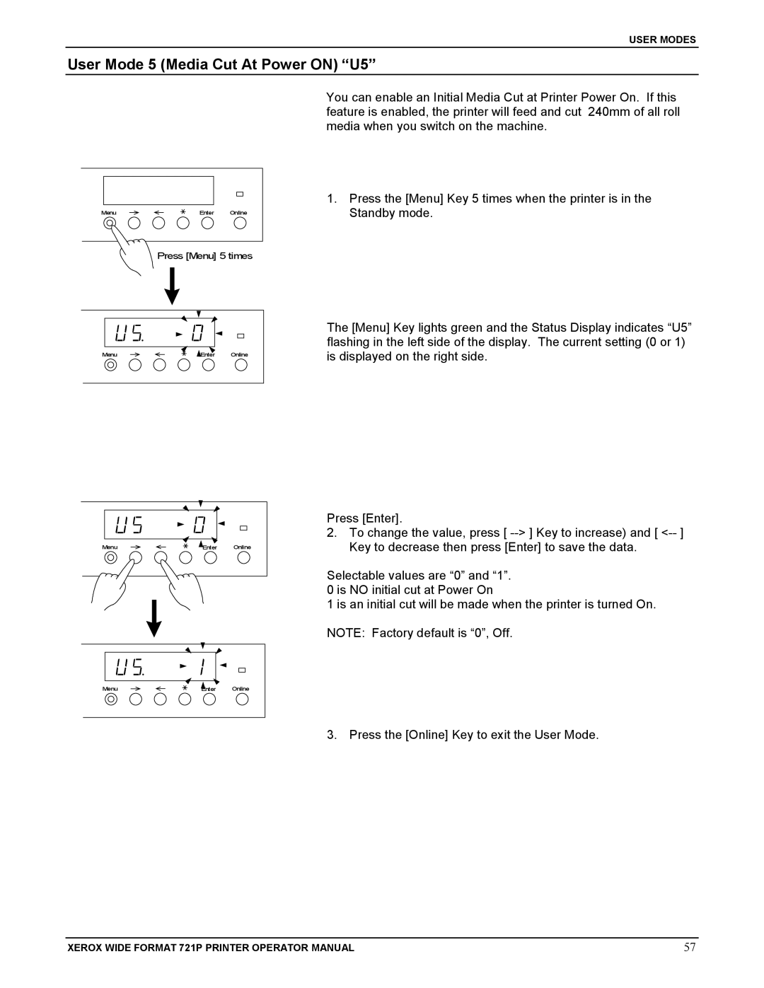 Xerox 721P manual User Mode 5 Media Cut At Power on U5 