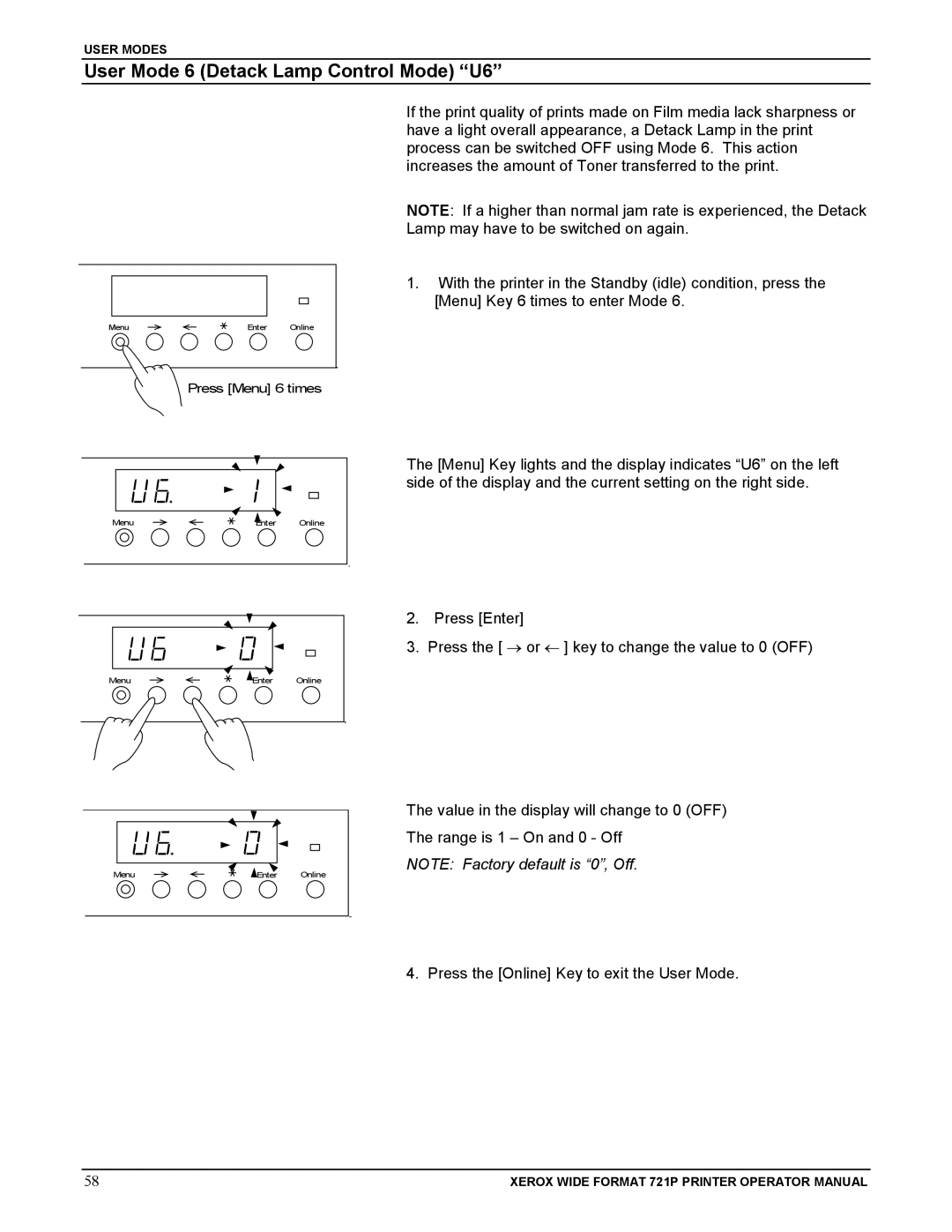 Xerox 721P manual User Mode 6 Detack Lamp Control Mode U6 