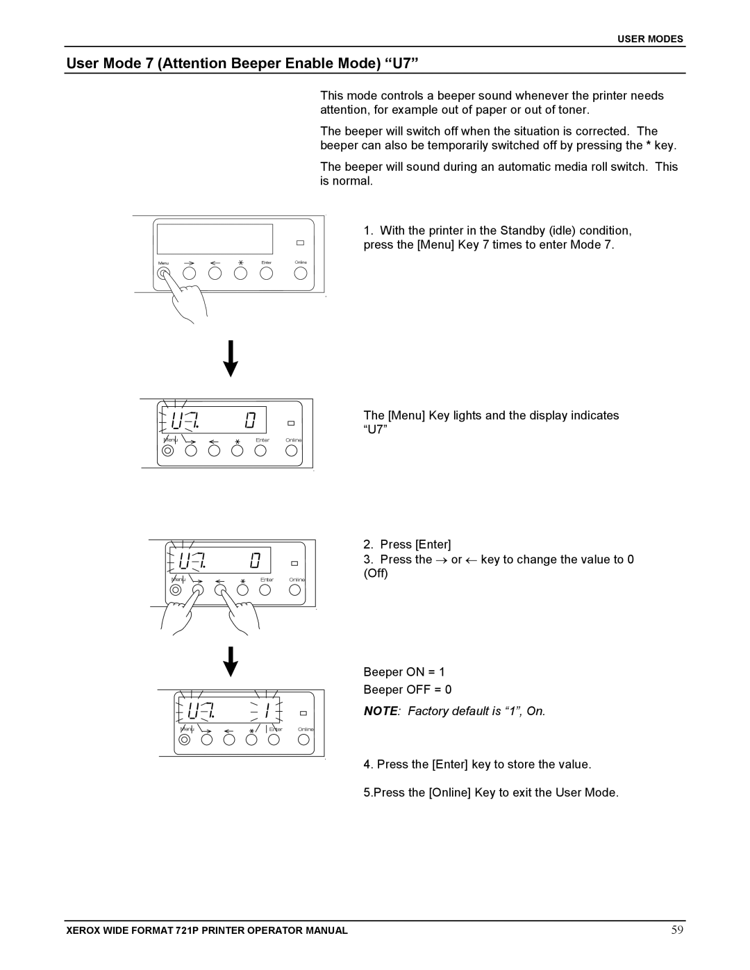 Xerox 721P manual User Mode 7 Attention Beeper Enable Mode U7 