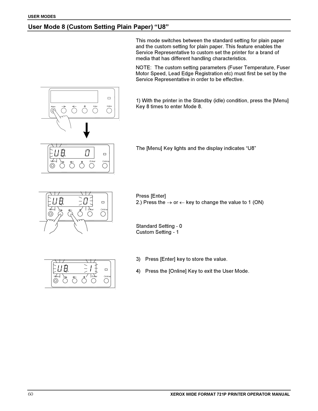 Xerox 721P manual User Mode 8 Custom Setting Plain Paper U8 