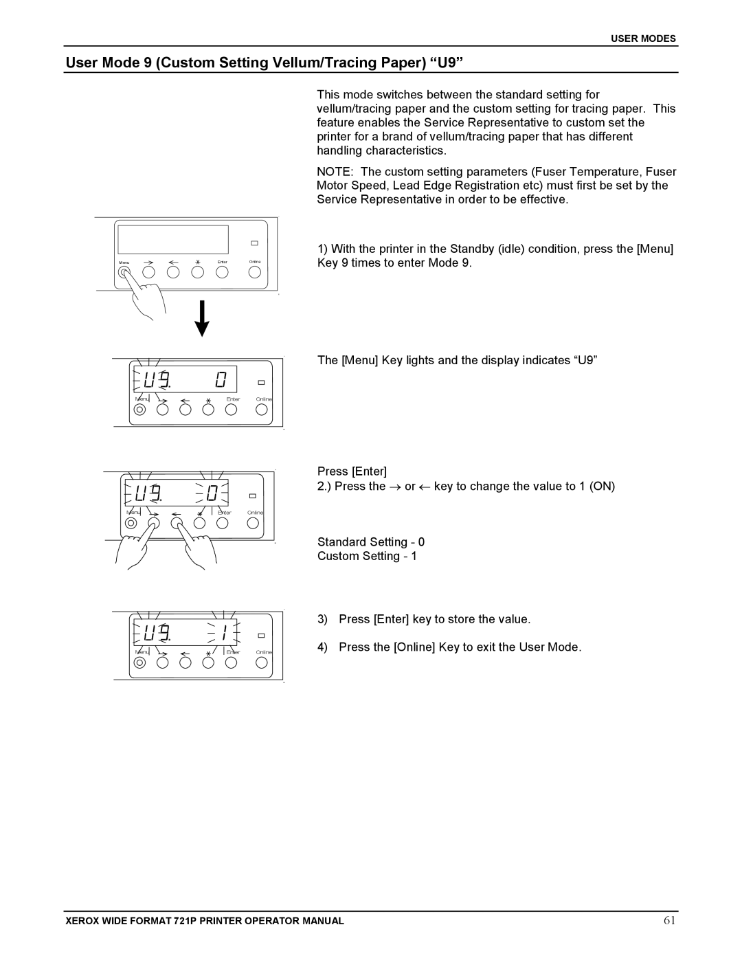 Xerox 721P manual User Mode 9 Custom Setting Vellum/Tracing Paper U9 