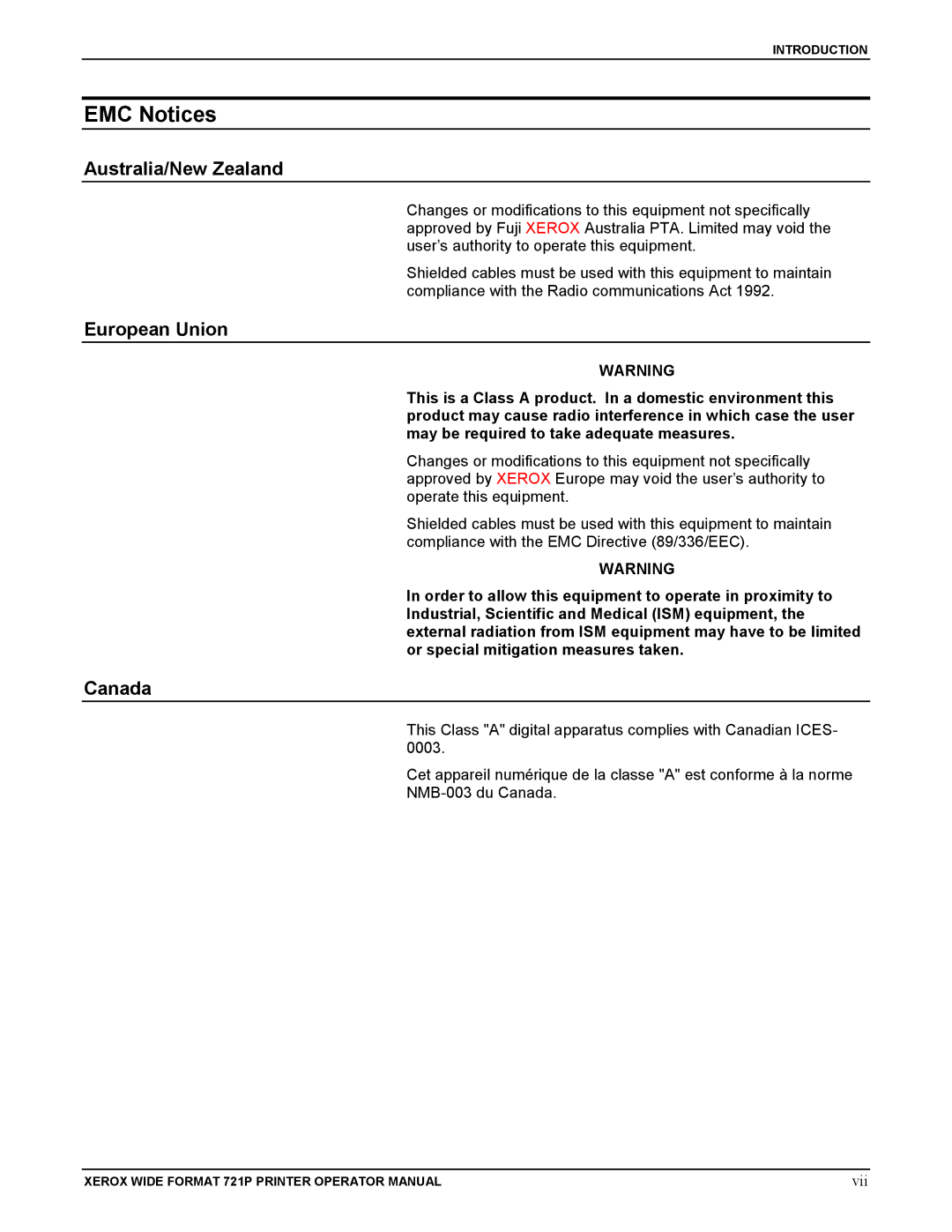 Xerox 721P manual EMC Notices, Australia/New Zealand, European Union, Canada 