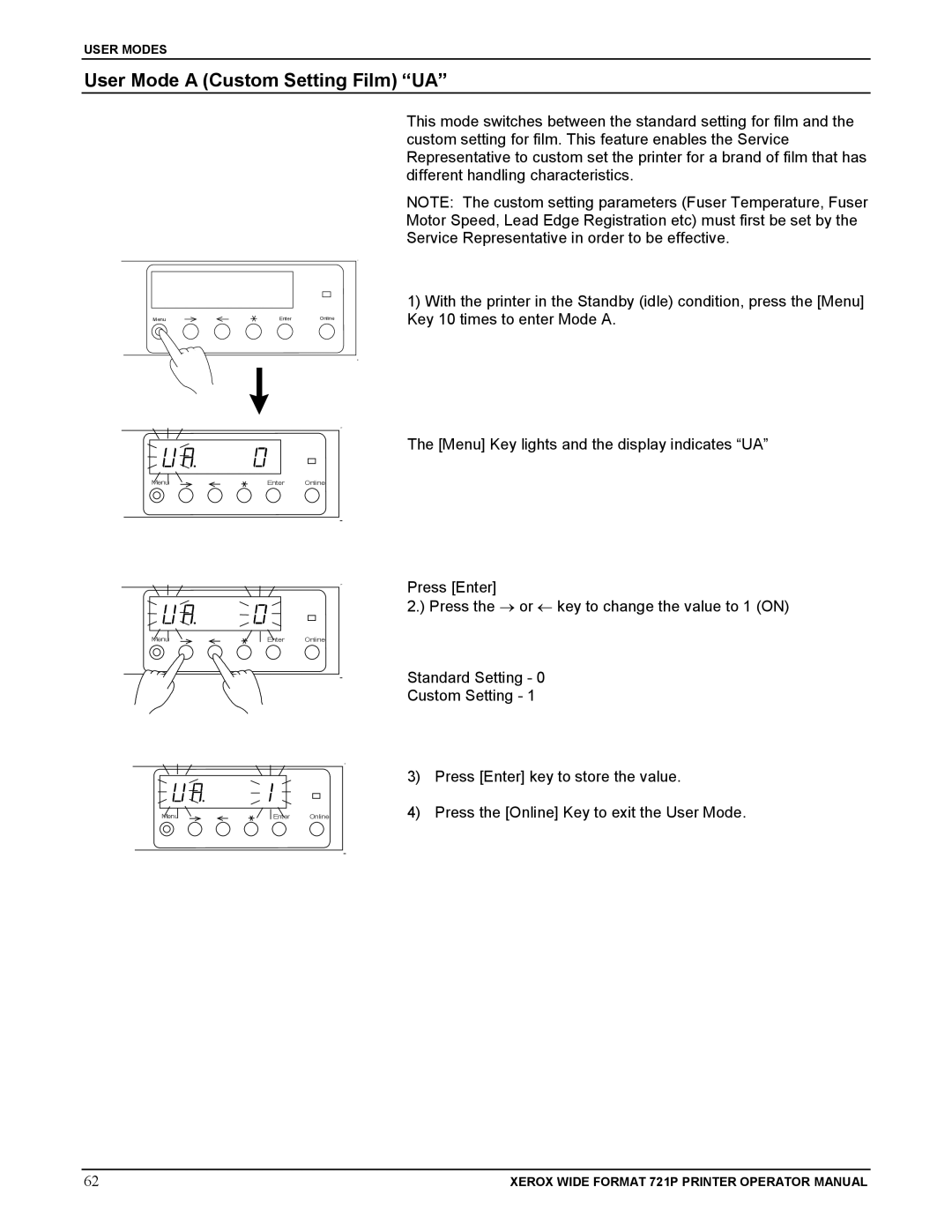 Xerox 721P manual User Mode a Custom Setting Film UA 