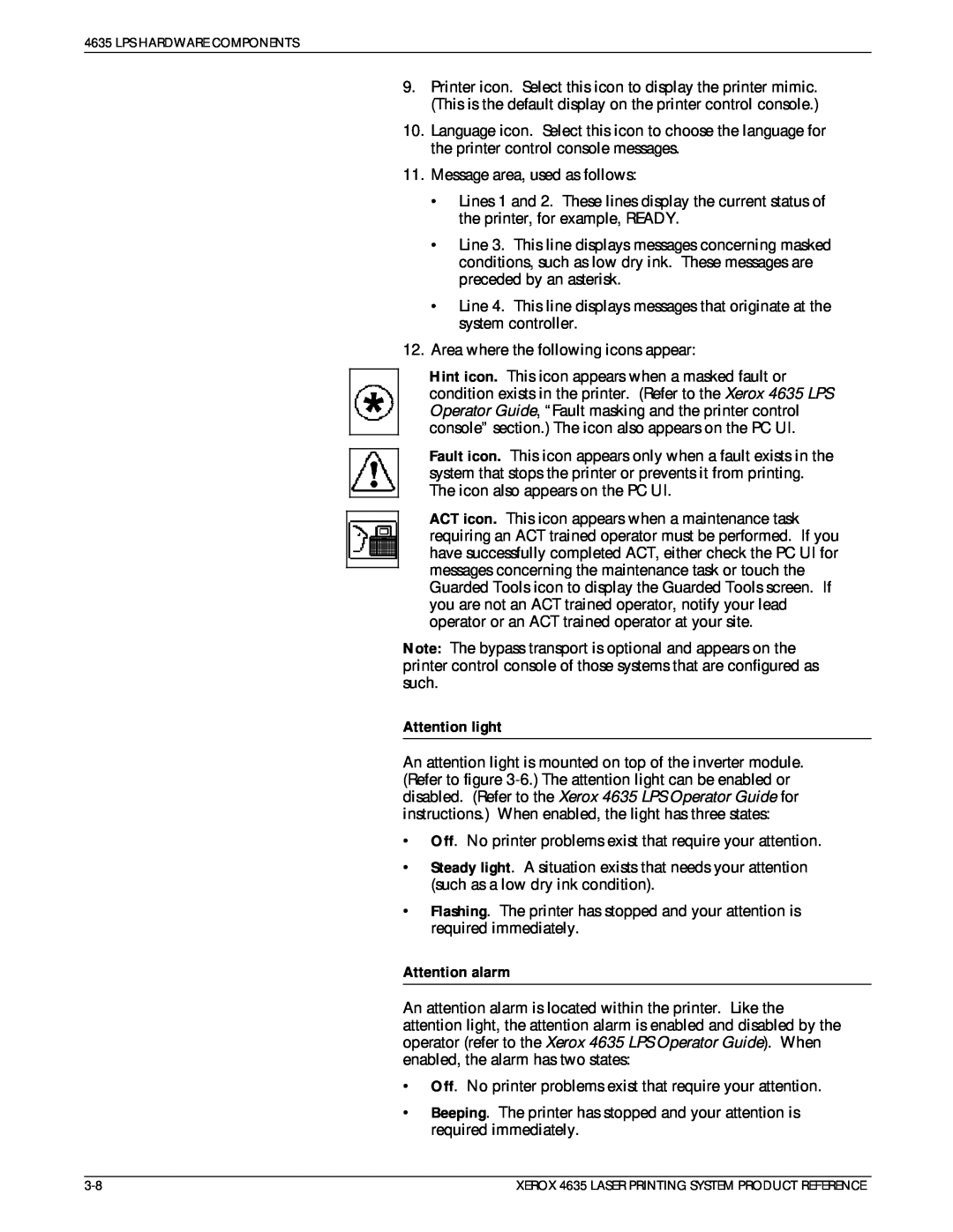 Xerox 721P83071 manual Attention light, Attention alarm 