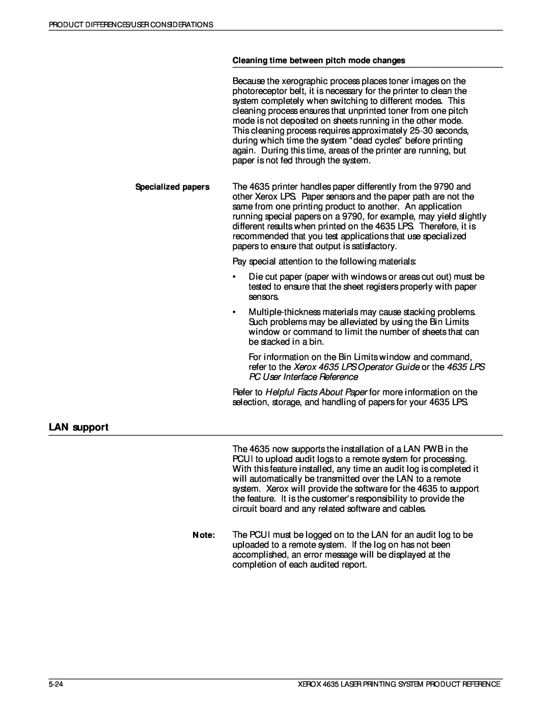 Xerox 721P83071 manual LAN support, Cleaning time between pitch mode changes 