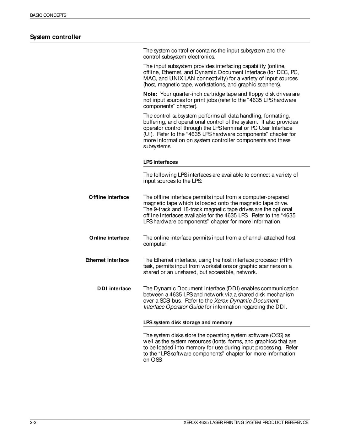 Xerox 721P83071 manual System controller, LPS interfaces, LPS system disk storage and memory 