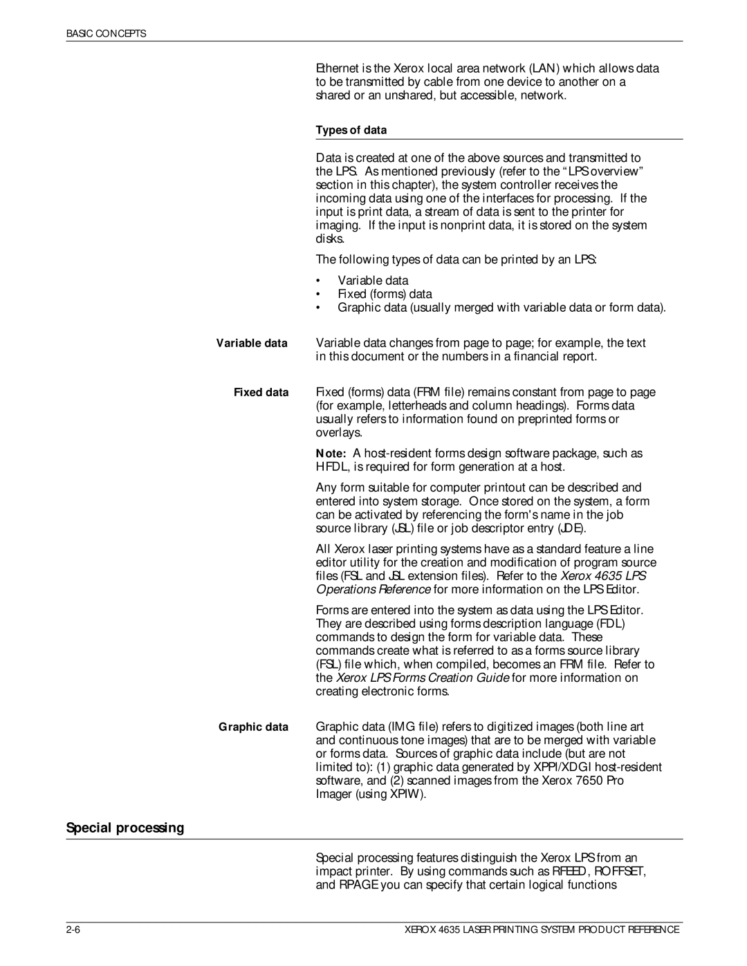 Xerox 721P83071 manual Special processing, Types of data 