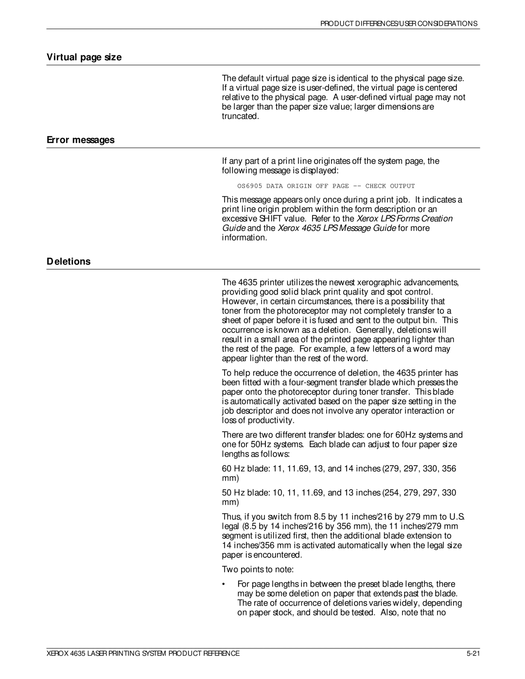 Xerox 721P83071 manual Virtual page size, Error messages, Deletions 