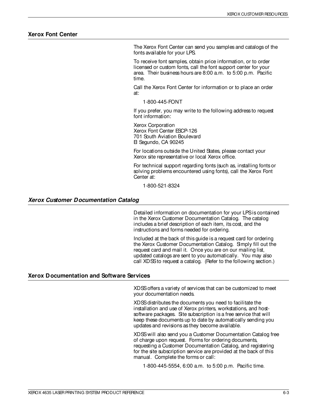 Xerox 721P83071 manual Xerox Font Center, Xerox Documentation and Software Services 