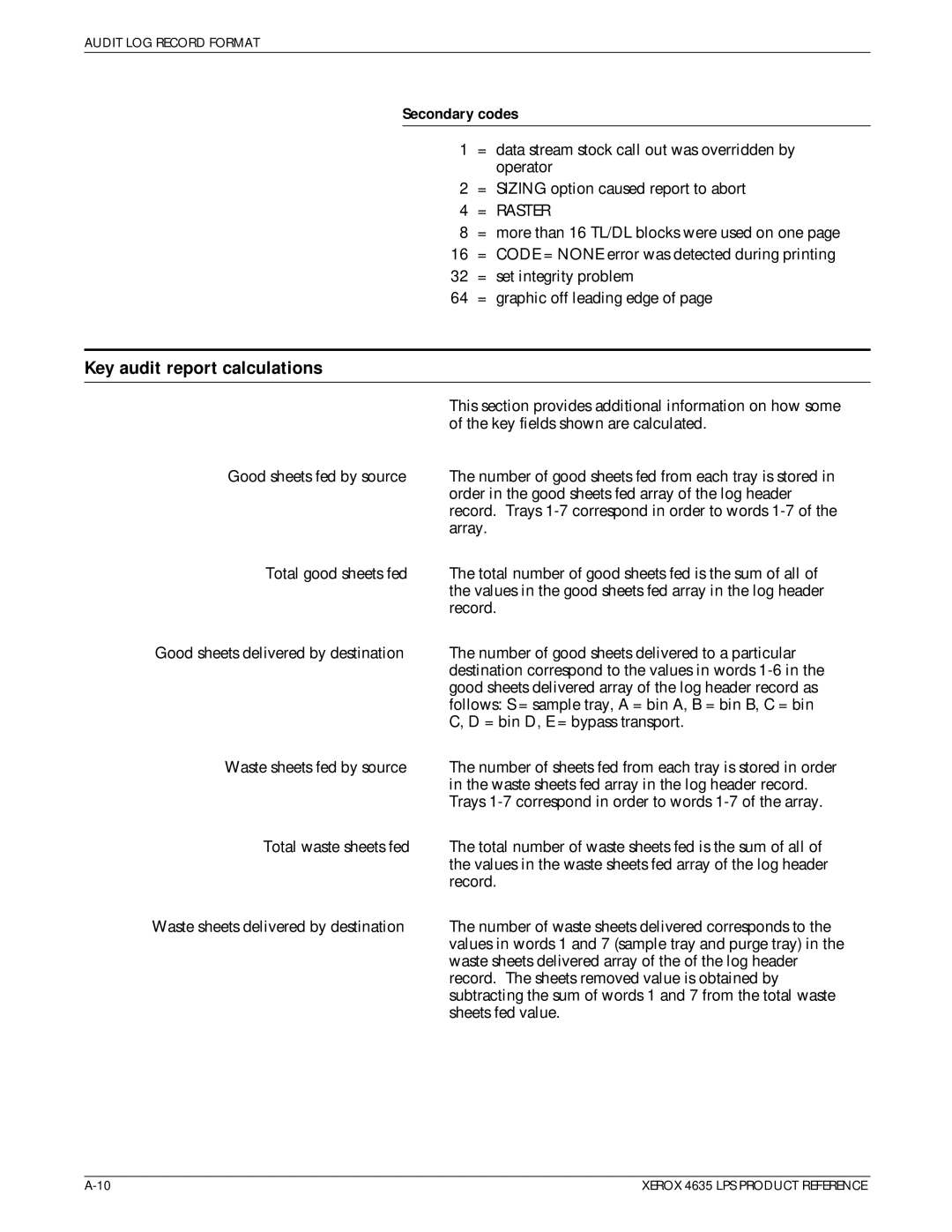 Xerox 721P83071 manual Key audit report calculations, Secondary codes 