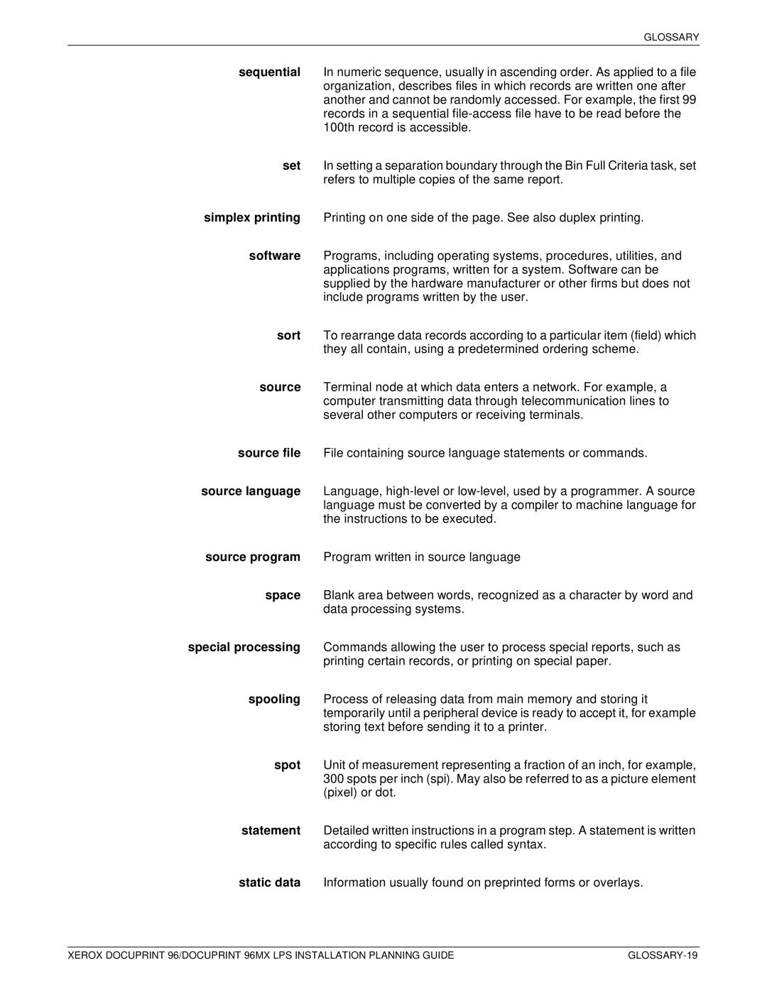 Xerox 721P85600 manual GLOSSARY-19 