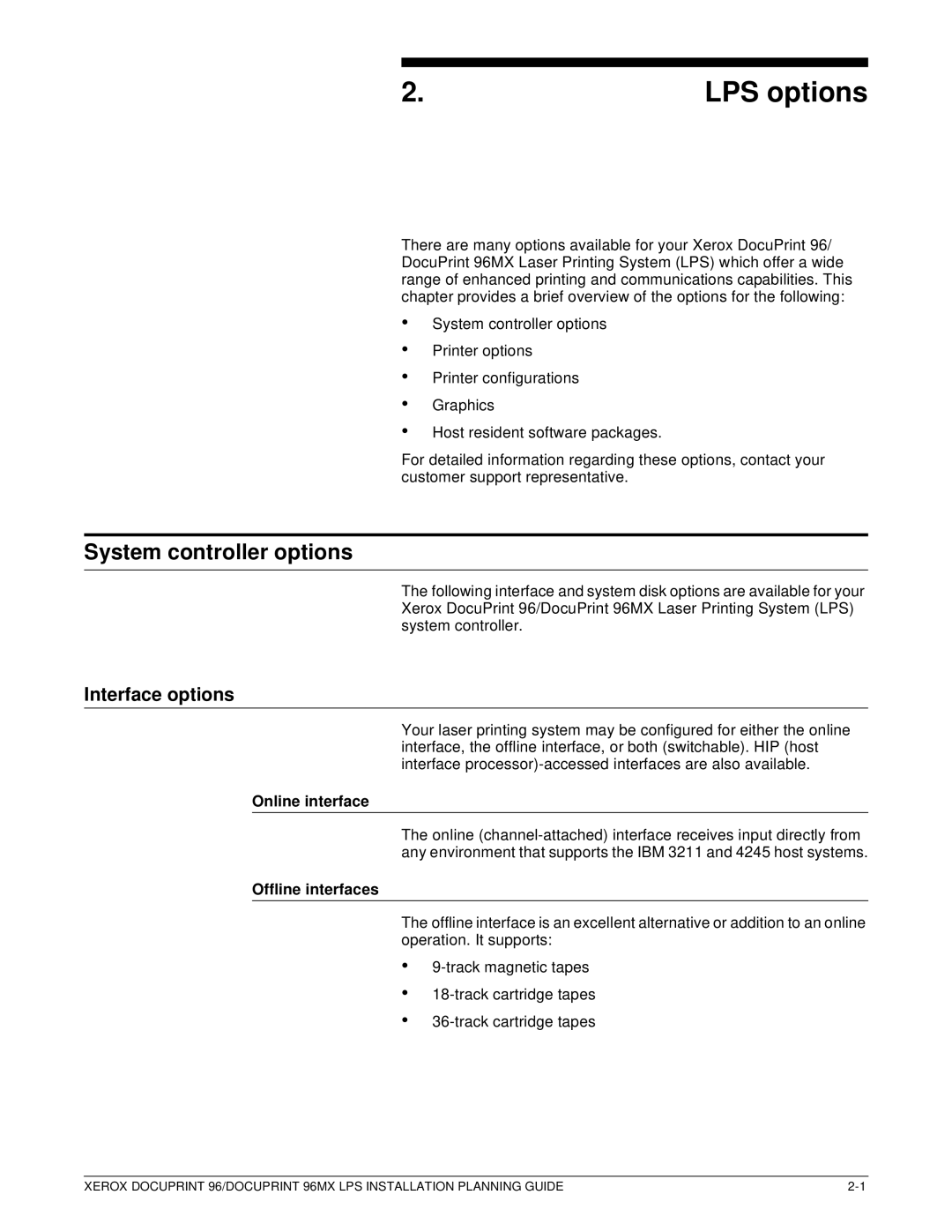 Xerox 721P85600 manual System controller options, Interface options, Online interface, Offline interfaces 