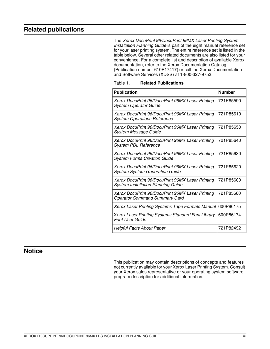 Xerox 721P85600 manual Related publications, Related Publications Number 