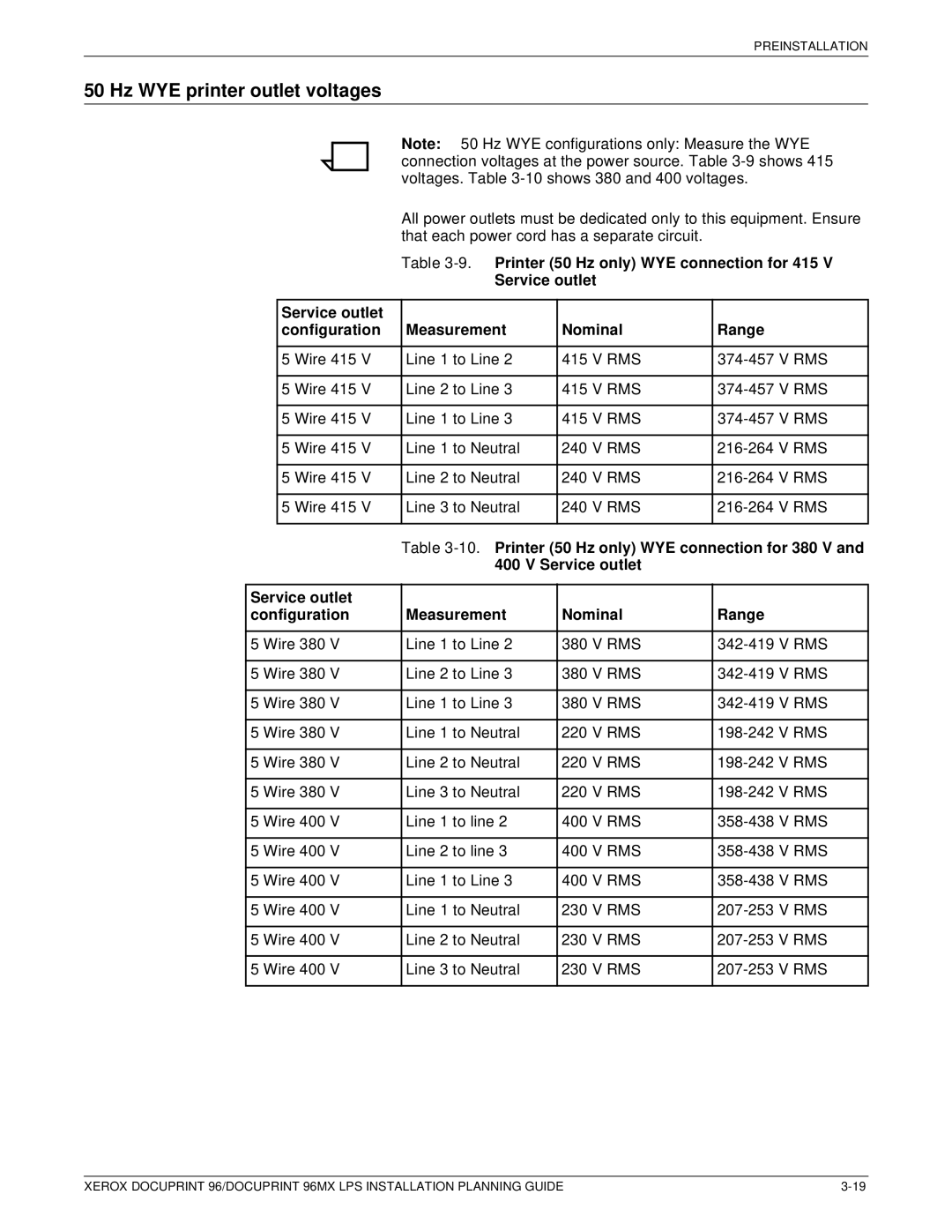 Xerox 721P85600 manual Hz WYE printer outlet voltages, Printer 50 Hz only WYE connection for 380 V 