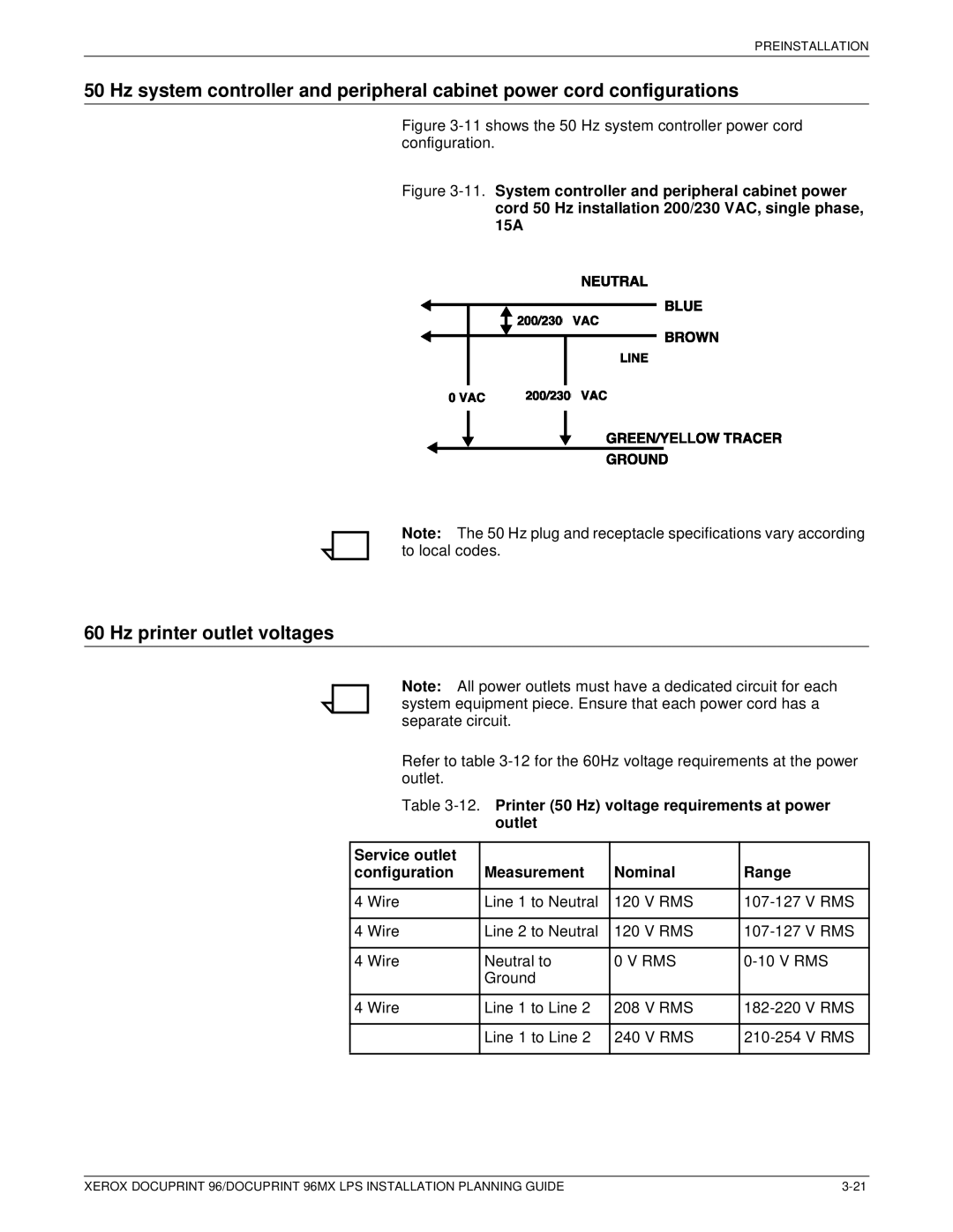 Xerox 721P85600 manual Hz printer outlet voltages, Rms 