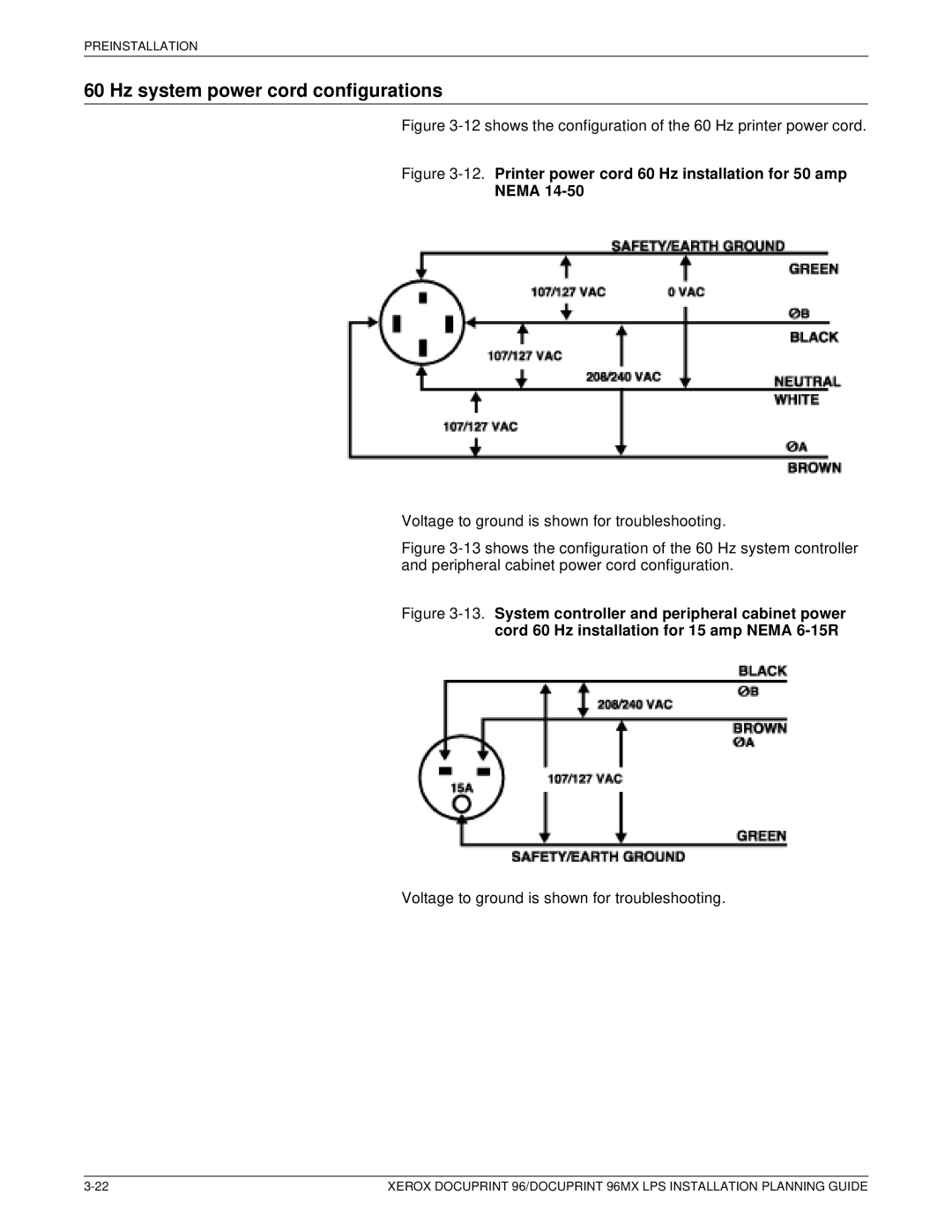 Xerox 721P85600 manual Hz system power cord configurations, Printer power cord 60 Hz installation for 50 amp Nema 