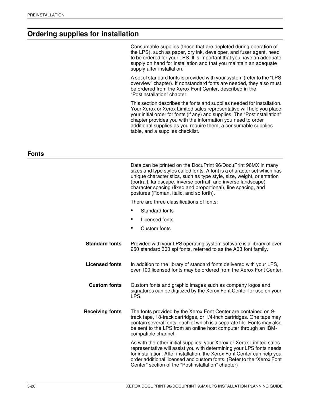 Xerox 721P85600 manual Ordering supplies for installation, Fonts 